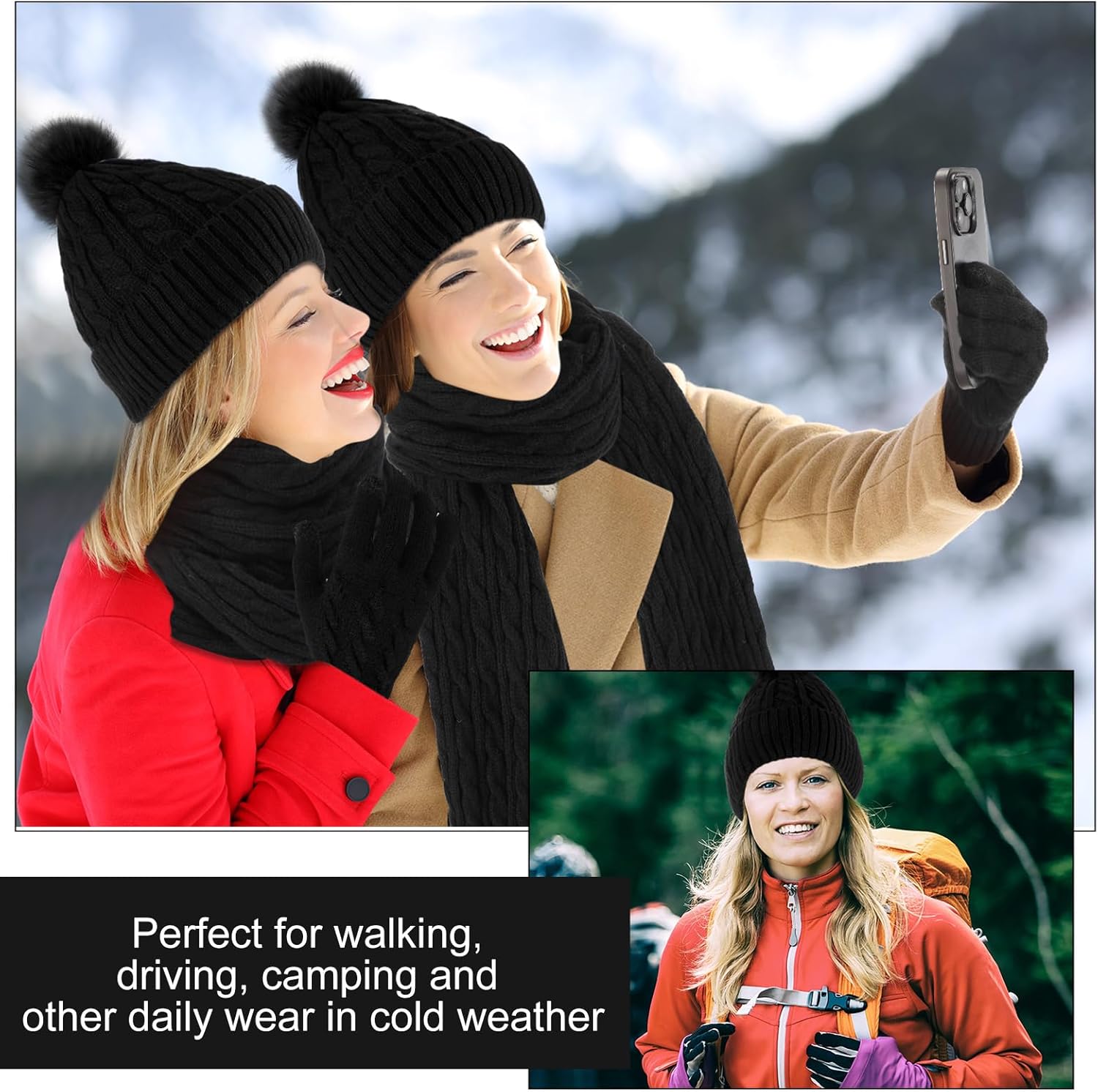 Geyoga 6 Pcs Winter Knit Set with Knit Beanie Hat Long Scarf Touchscreen Gloves Foldable Earmuff Fleece Socks for Women