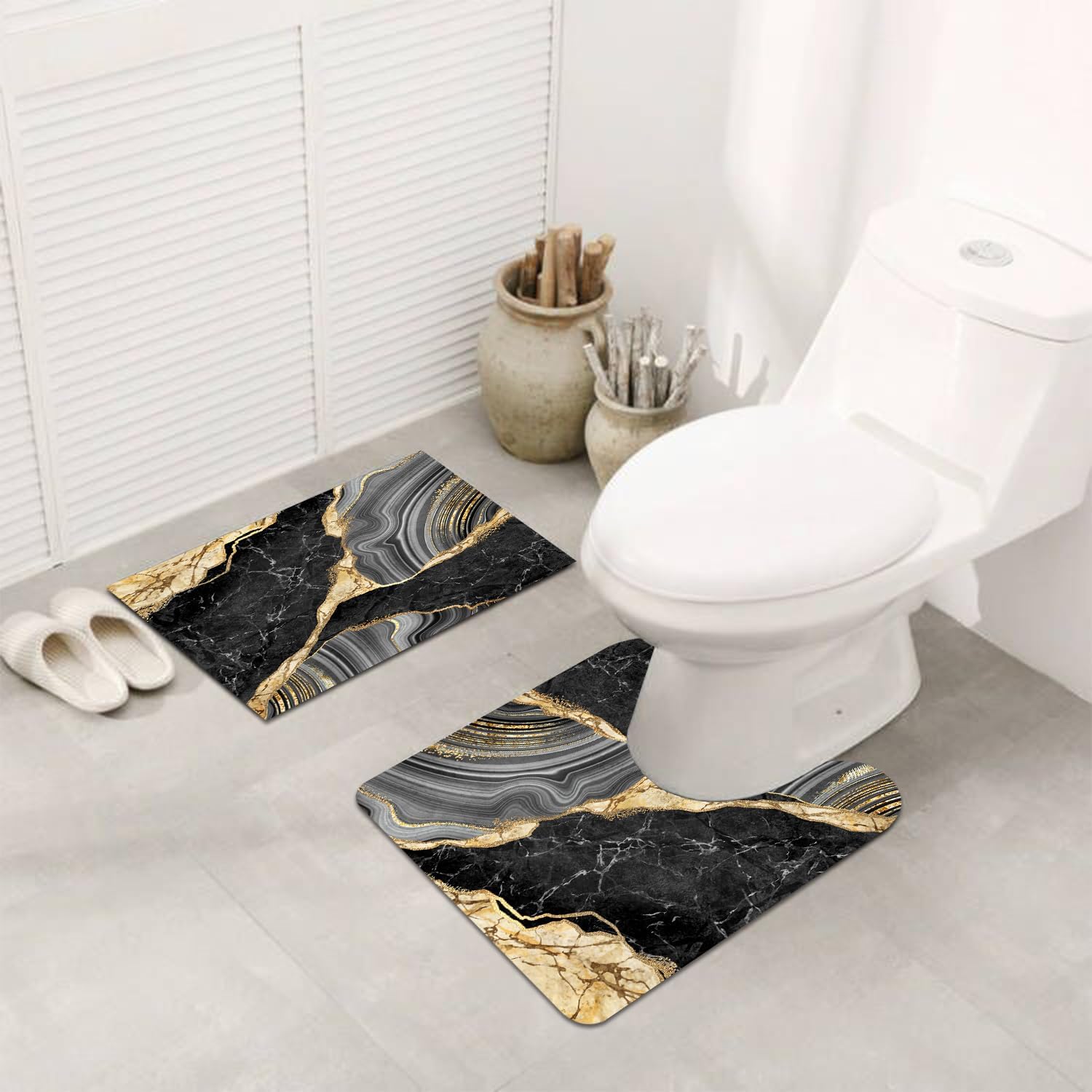 MUGINYU Black and Gold Rug for Bathroom Decor,Black and Gold Bathroom Rugs Sets 3 Piece,Marble Decor Thin Rubber Diatomaceous Earth Quick Dry Rugs with U-Shaped Contour Toilet Mat
