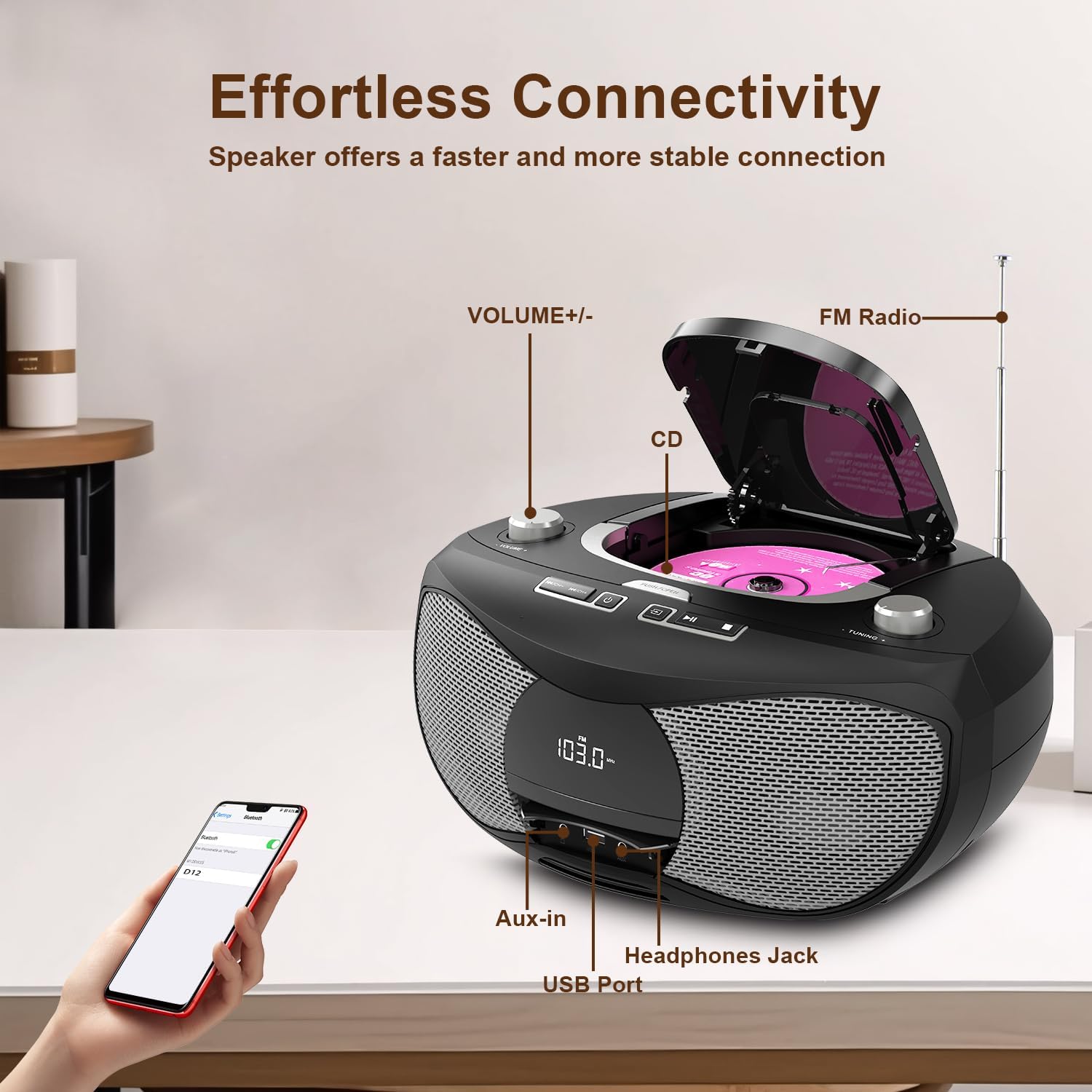 Diagram of the portable CD player with labeled parts: Volume, CD, FM Radio, Aux-in, Headphones Jack, USB Port