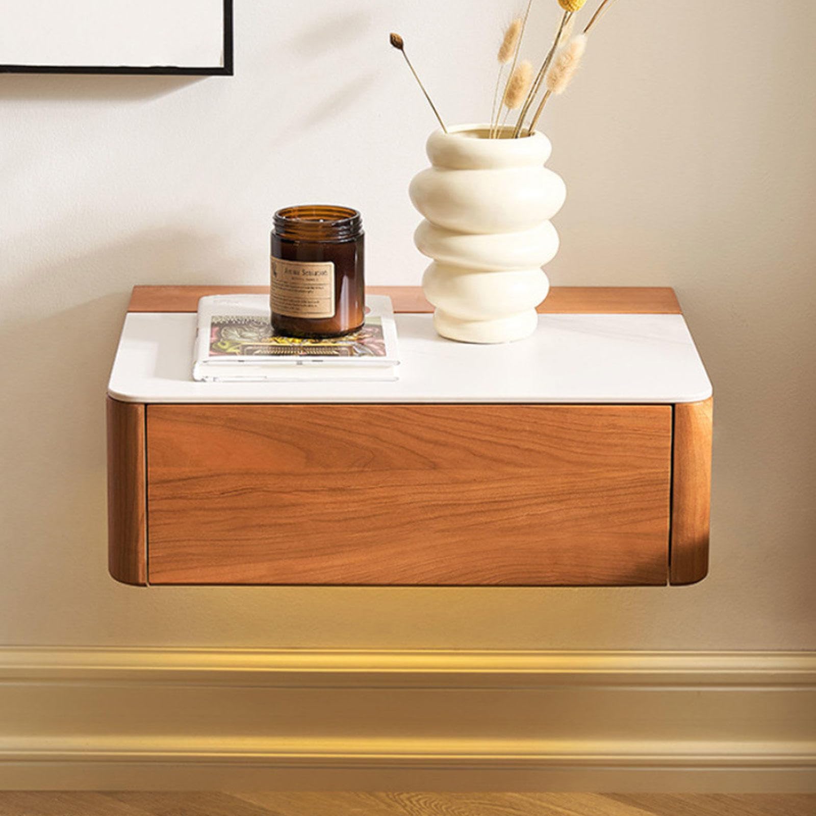 Table de chevet flottante en bois massif avec chargeur sans fil et LED