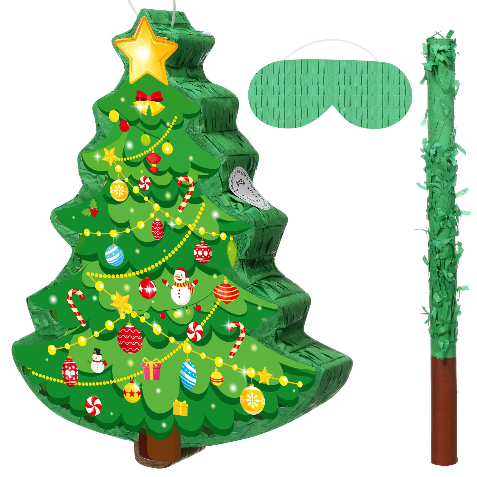 Christmas Tree Piñata 16 Inch Christmas Mexican Piñata with Stick Blindfold Xmas Piñatas Bundle for Xmas Birthday Holiday Game Favors Photo Prop Decoration
