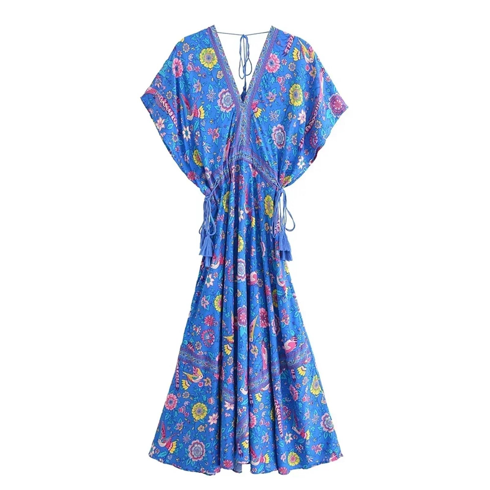 Vestido de Playa Mujer Pavo Real Estampado Floral Manga murciélago Vestidos Largos Bohemios Señoras Cuello en V Borla Verano