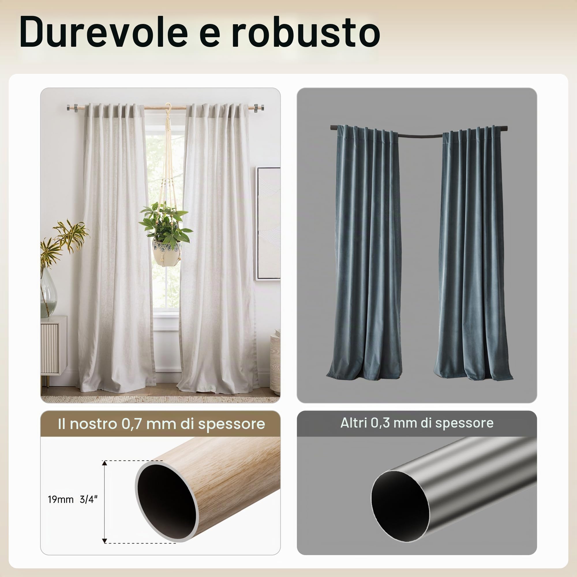Bastoni per tende estensibili 76-280 cm, nuovo modello aggiornato diametro 19 mm asta per tende effetto legno con terminali finali per tende ad occhielli, bastoni decorativi per finestre per camera da