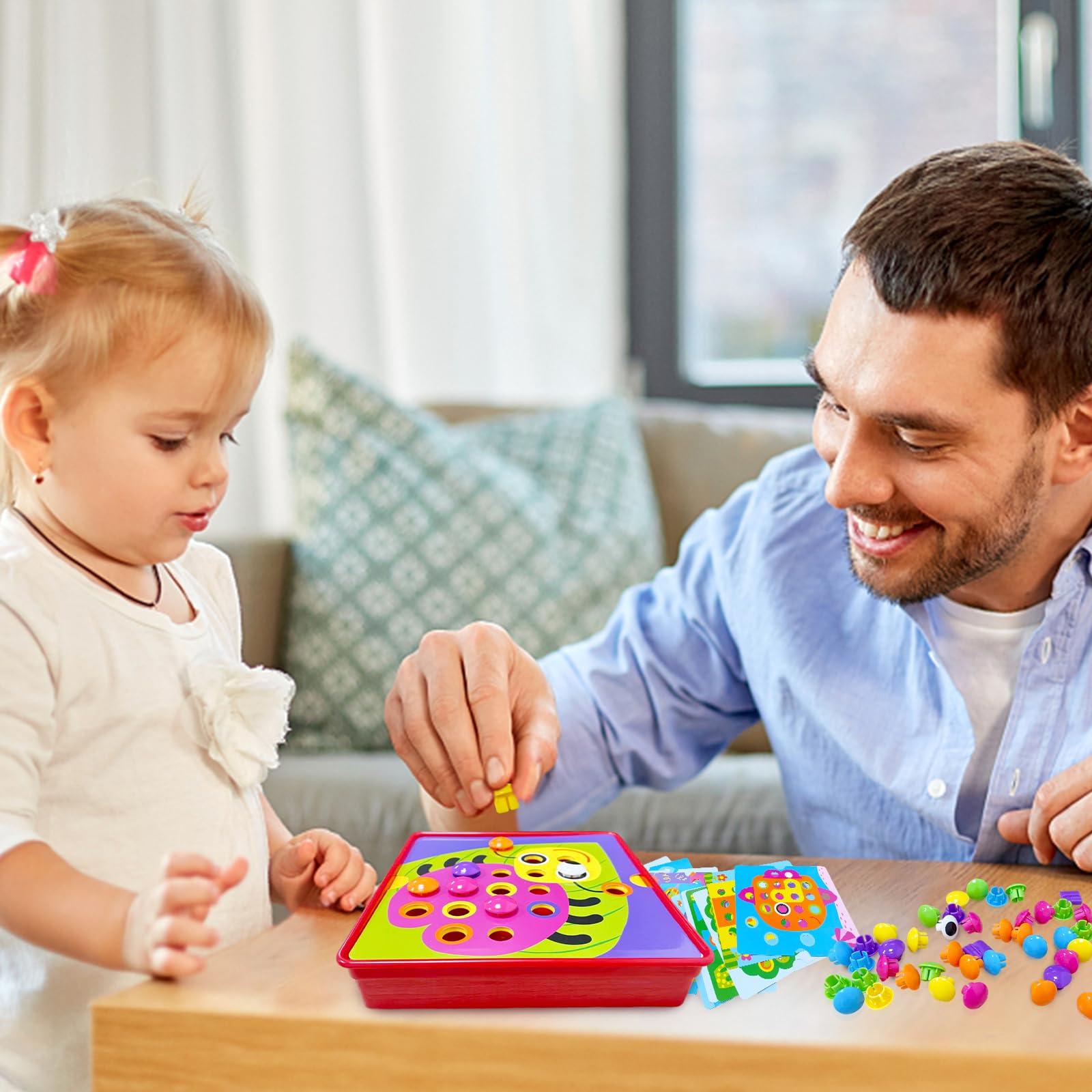 Euablfo Gioco Chiodini per Bambini,Incastro Mosaico con 46 Perle, Giochi Educativi Giocattoli, Giocattolo Educativo con 12 Modelli di Immagini Giochi da Viaggio, Regalo Bambini