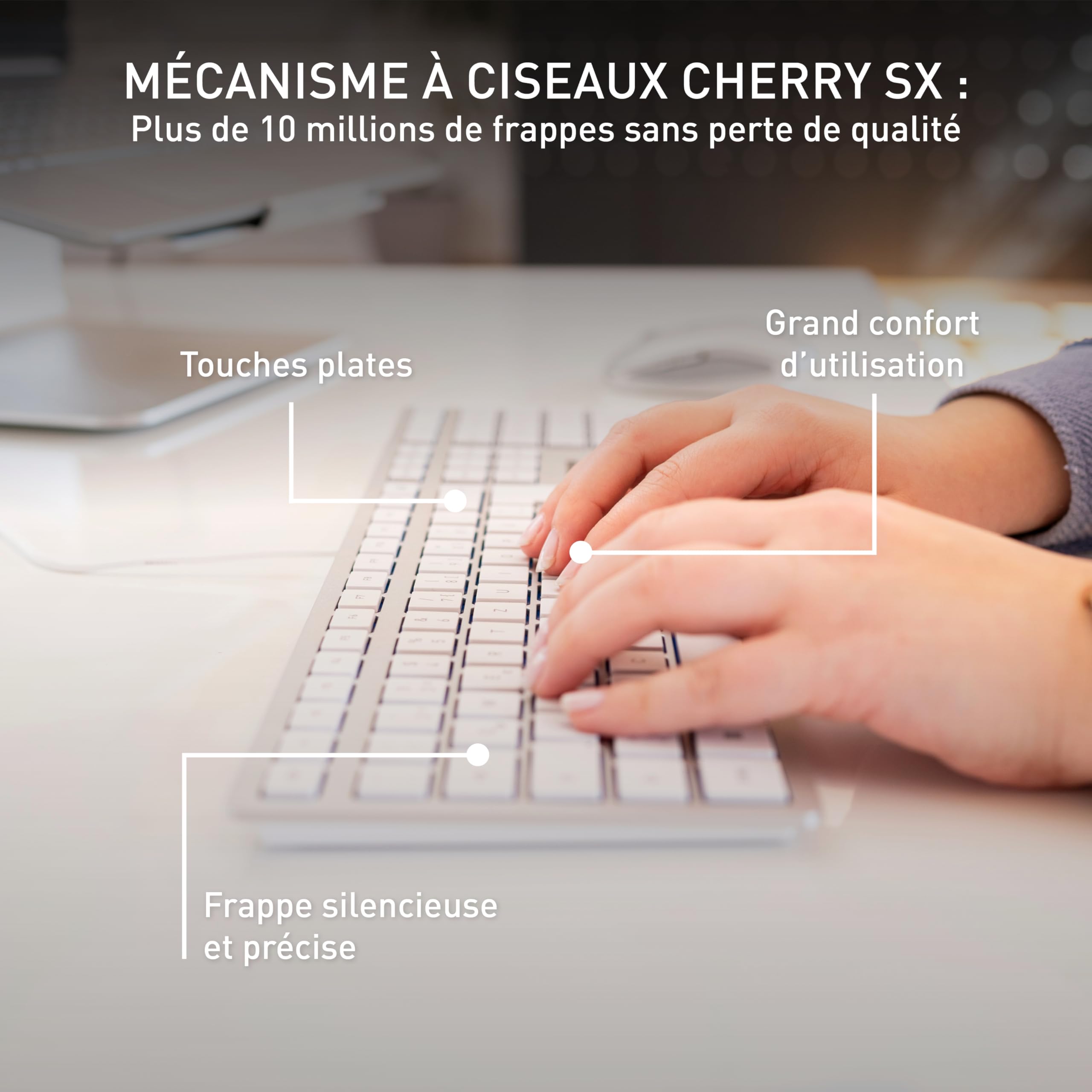 CHERRY KC 6000 Slim, Clavier au Design Ultra-Plat, Disposition UK (QWERTY), Filaire (Port USB-A), Touches silencieuses, Marquage Durable, Argenté