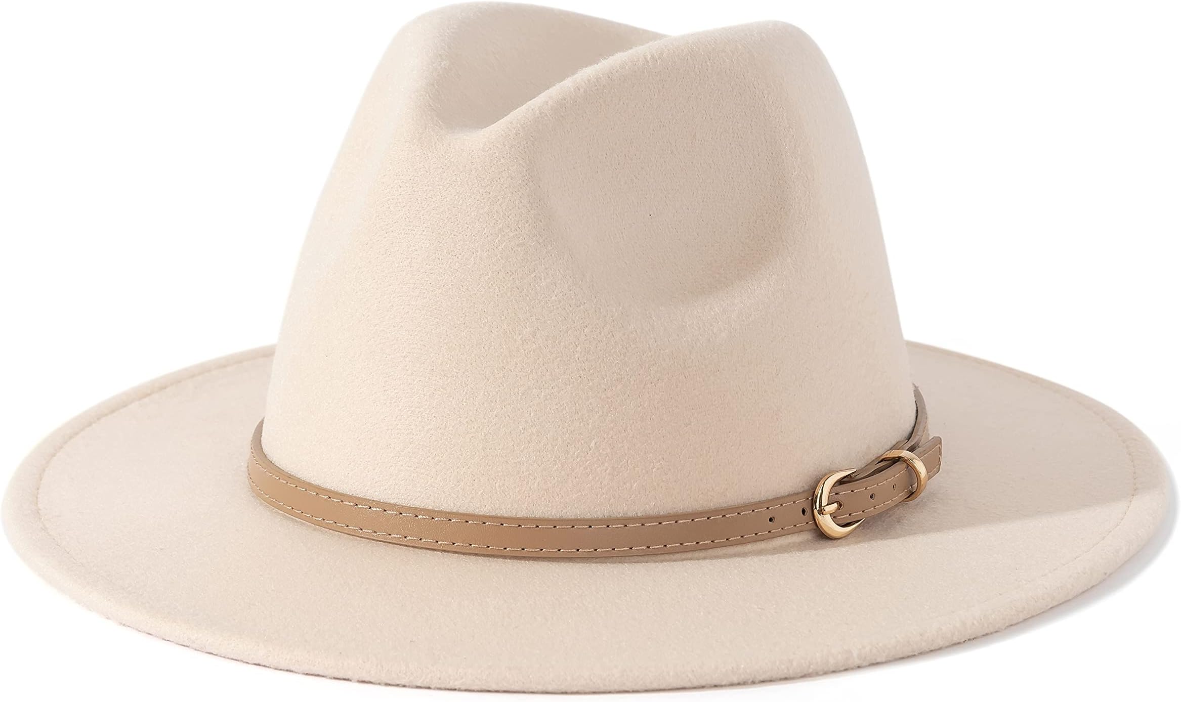 Women Classic Felt Fedora Wide Brim Hat with Belt Buckle