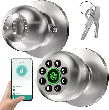 Smart Fingerprint Door Knob with Keypad, Fingerprint Door Lock, Silver
