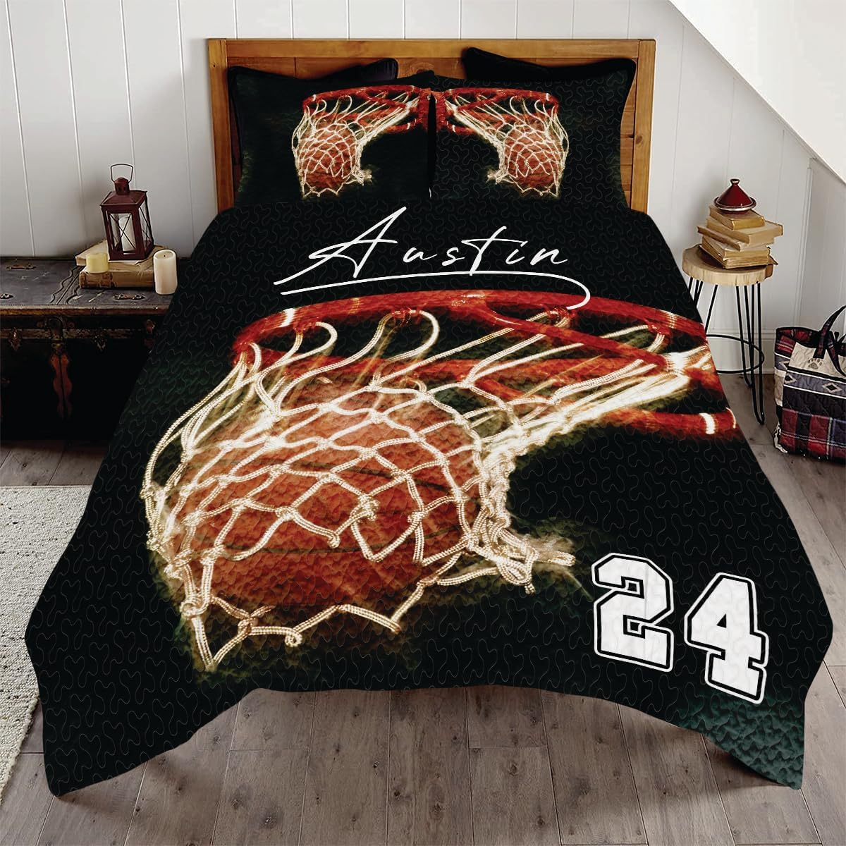 ENCYCOM Personalized Basketball Hoop Quilt Sets with Your Name & Number Basketball Comforter, Basketball Quilt Queen Size King Twin Throw Size, Basketball Theme Room Decor, Basketball Gifts for Boys