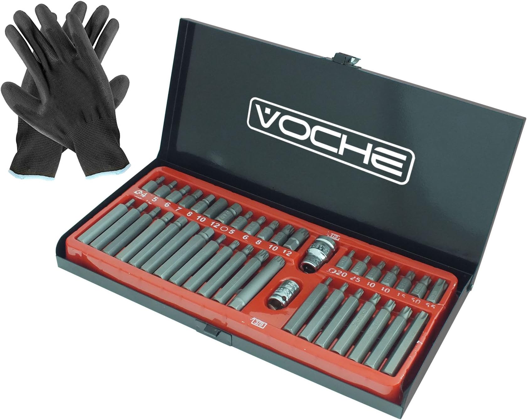 Voche® 40PC Torx Star Spline Hex Socket Bit Set 3/8" & 1/2" Drive + Pair of Work Gloves