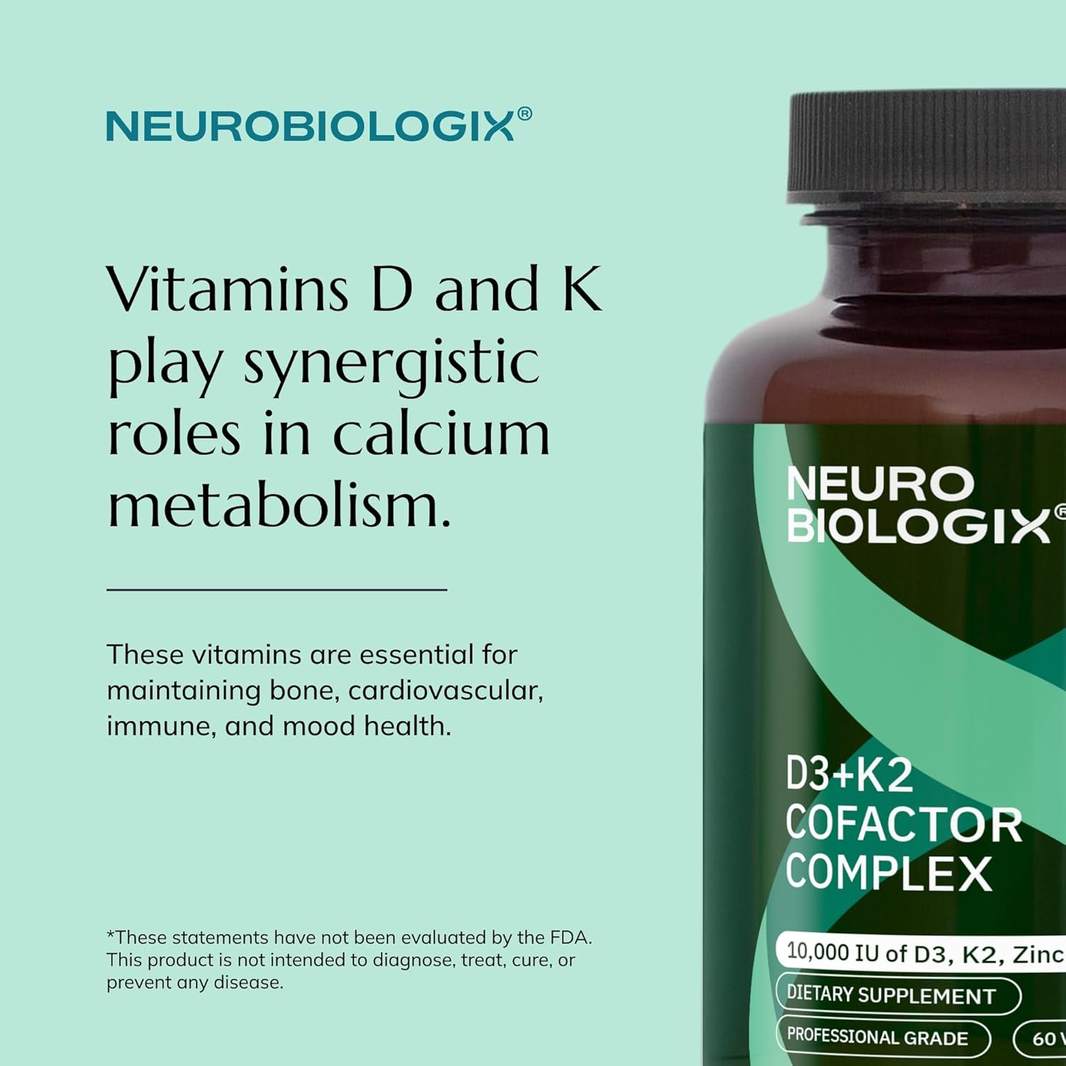 Neurobiologix Vitamin D3 + K2 Cofactor Complex, High Potency 10,000 IU Vitamin D3 K2 MK-7 Zinc & Boron, Bone Strength, Cardiovascular Sup, 60 Capsules