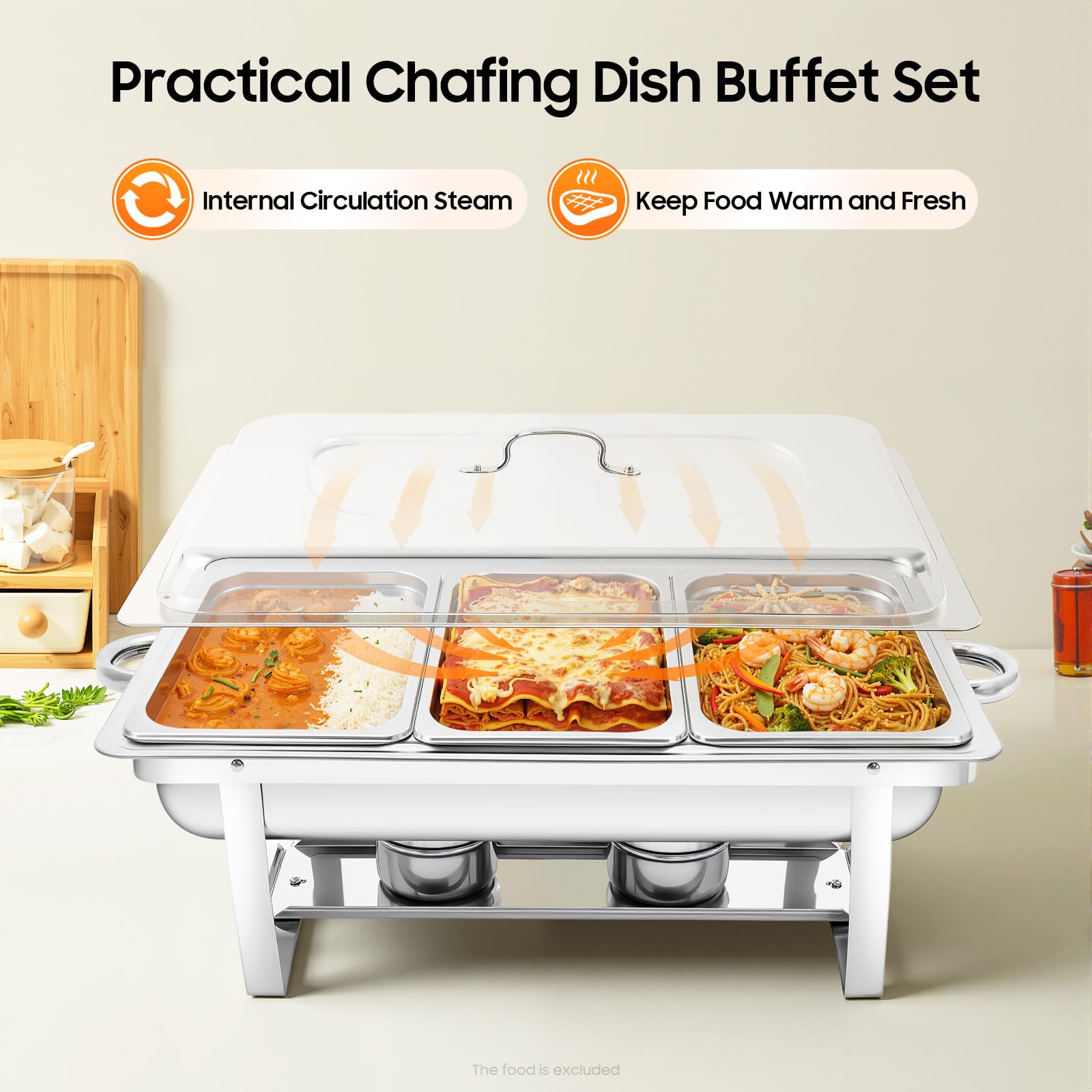 Serbatoio a 3 griglie in acciaio inox, 9 l, scalda buffet, per pasti, chafing dish, in acciaio inox, con coperchio per buffet, feste di famiglia, banchetti