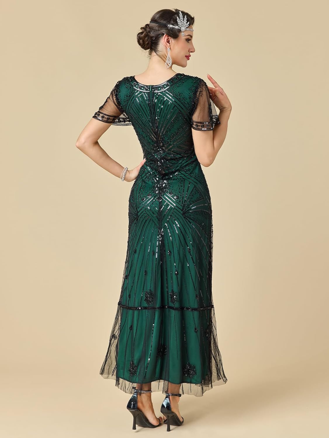 Women's Flapper Dress 1920s V-Neck Evening Gown Sequin Beaded Maxi Dress for Wedding