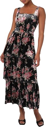 Lulus Zayla Corset Tiered Velvet Midi Dress for Women, Formal Cocktail Party A-Line Dress with Smocked Back
