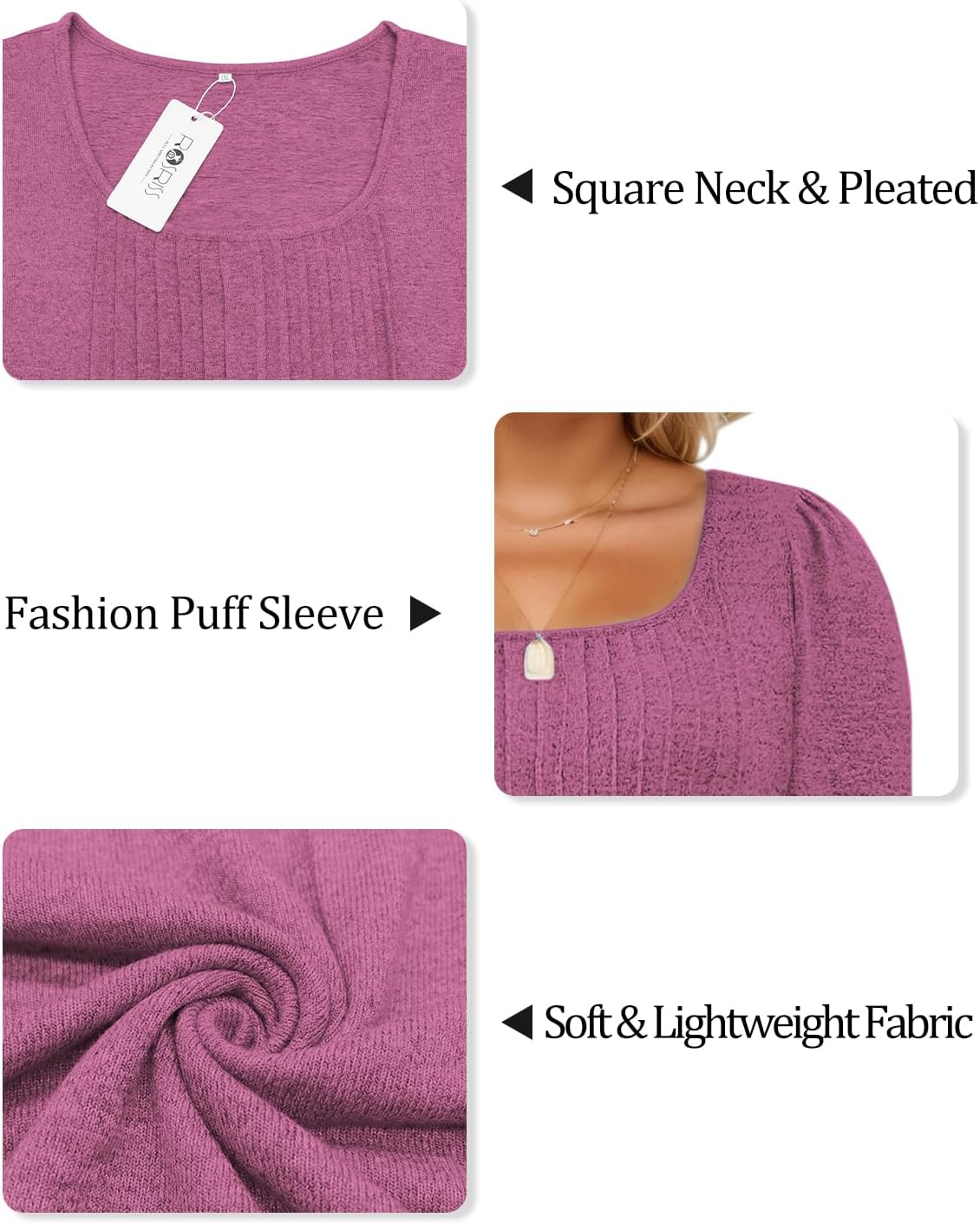 ROSRISS Womens-Plus-Size-Tops Trendy Puff Long Sleeve Shirts Dressy Scoop Neck Loose Fit Blouses Casual Pleated Flowy Tunics - Image 3