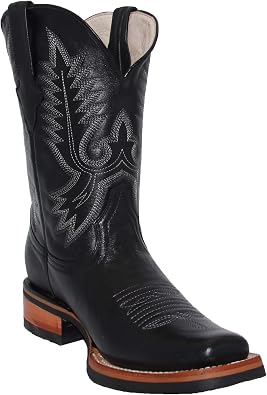 Western Shops Mens Genuine Leather Square Toe Cowboy Boots, Mens Black Western Boots