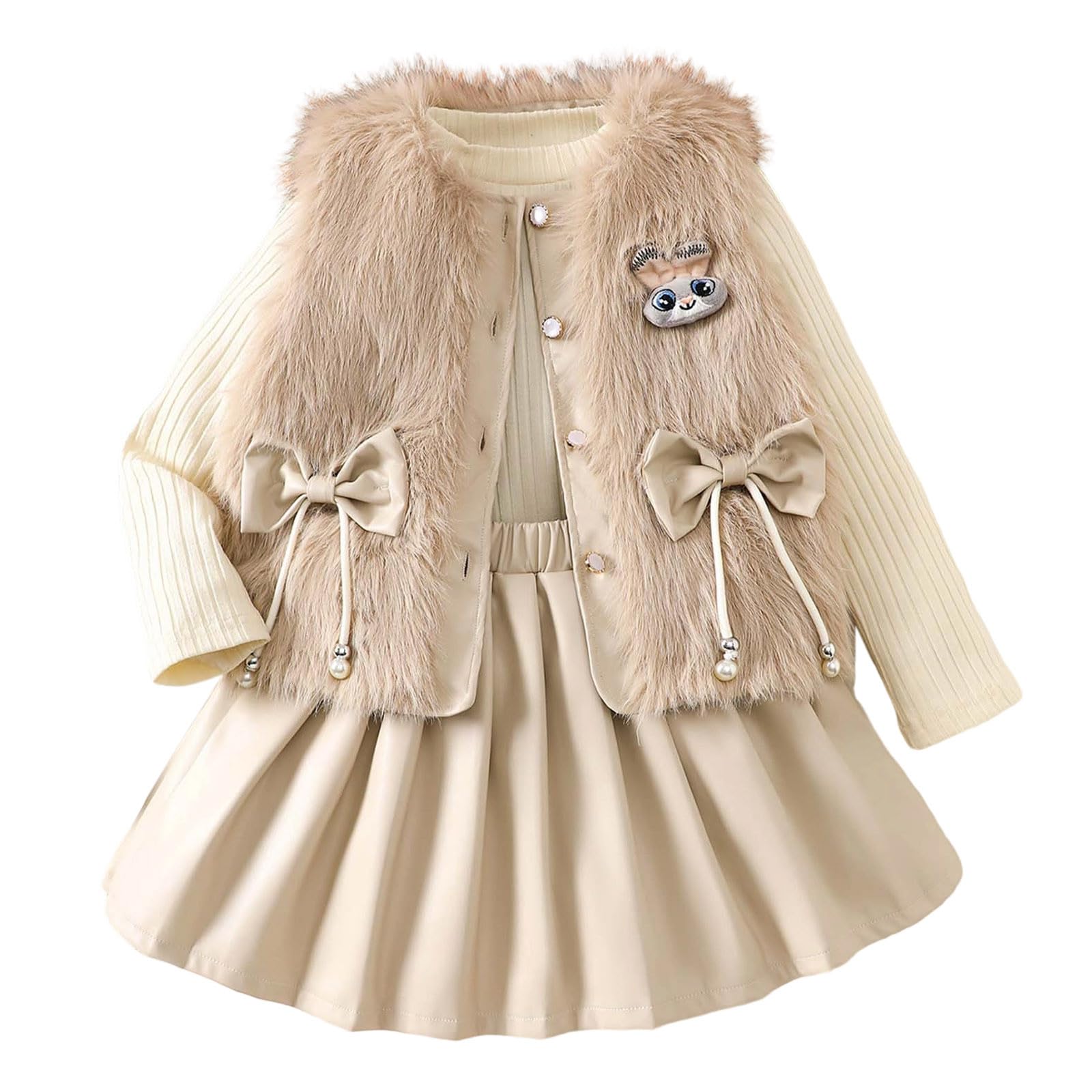 Generisch Gilet in pile alla moda, a maniche lunghe, con gonna a pieghe, set da tre pezzi per l'inverno, feste, scuola, tempo libero