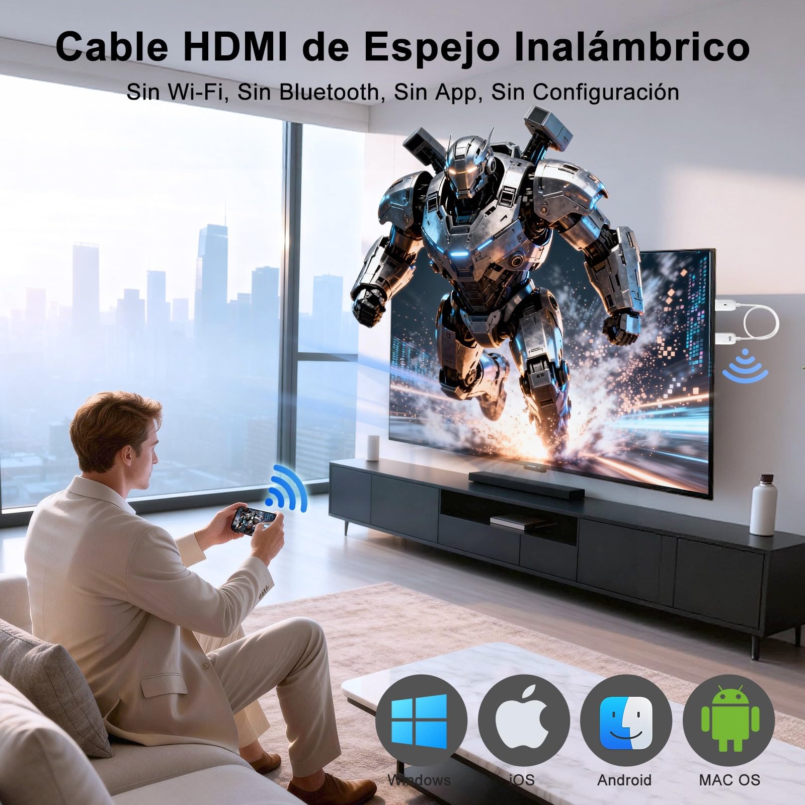Adaptador HDMI Inalámbrico, Cable Duplicación Pantalla 1080P@60Hz con Decodificación 4K, Plug-and-Play sin WiFi/App/Bluetooth, Dongle AirPlay Miracast para iPhone Android PC a TV Proyector Monitor