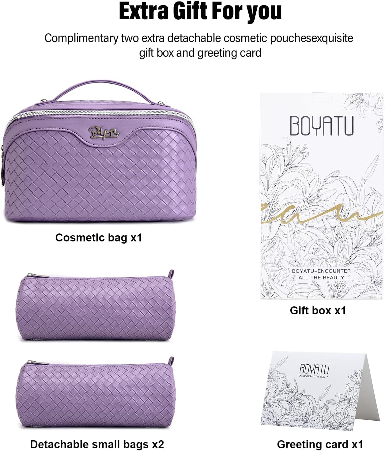 BOYATU Travel Makeup Bag Cosmetic Bags for Women: Large Capacity 3 Pcs Set Make up Bag with Compartments - Waterproof Vegan Leather Toiletry Organizer Bags with Handle (L01 Purple) - Image 5