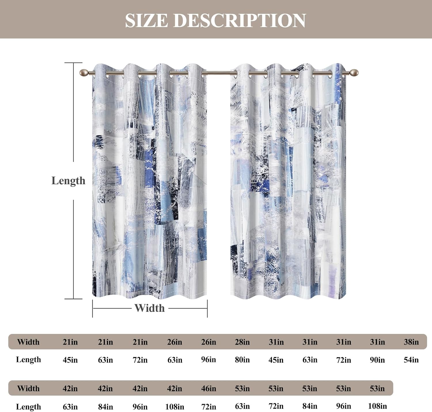 Baocicco Blue Curtains 2 Panels Abstract Rust Curtain 63 Inch Long, Room Darkening Grommet Window Treatments Modern Decorative for Bedroom Living Room, 42Wx63L