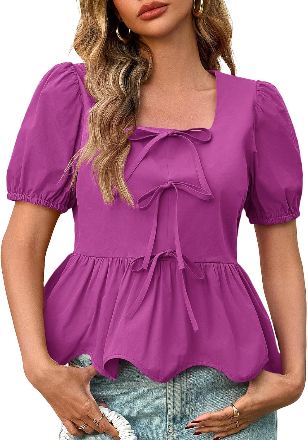 Tankaneo Womens Summer Peplum Babydoll Tops Square Neck Short Puff Sleeve Blouses Ruffle Cute Bow Shirts