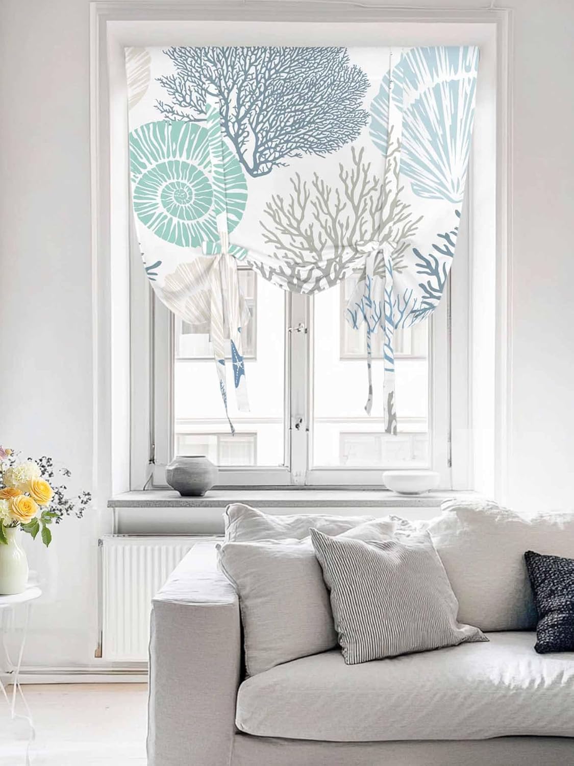 Ocean Coral Starfish Tie Up Window Shade Curtain,Nautical Coastal Shell Tie Up Curtain for Kitchen Windows,Marine Sealife Adjustable Valance Balloon Curtains,Blue Teal White Rod Pocket Panel 42x45in