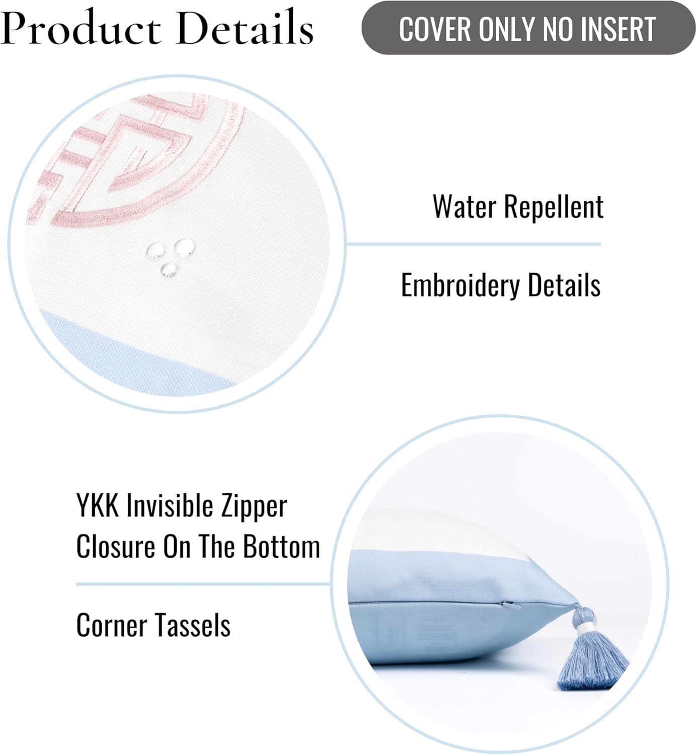 Hofdeco Premium Coastal Grandmillennial Patio Indoor Outdoor Lumbar Pillow Cover Only, 12"x20" Water Repellent for Backyard, Couch, Poolside, Baby Blue Pink Embroidered Double Happiness Symbol