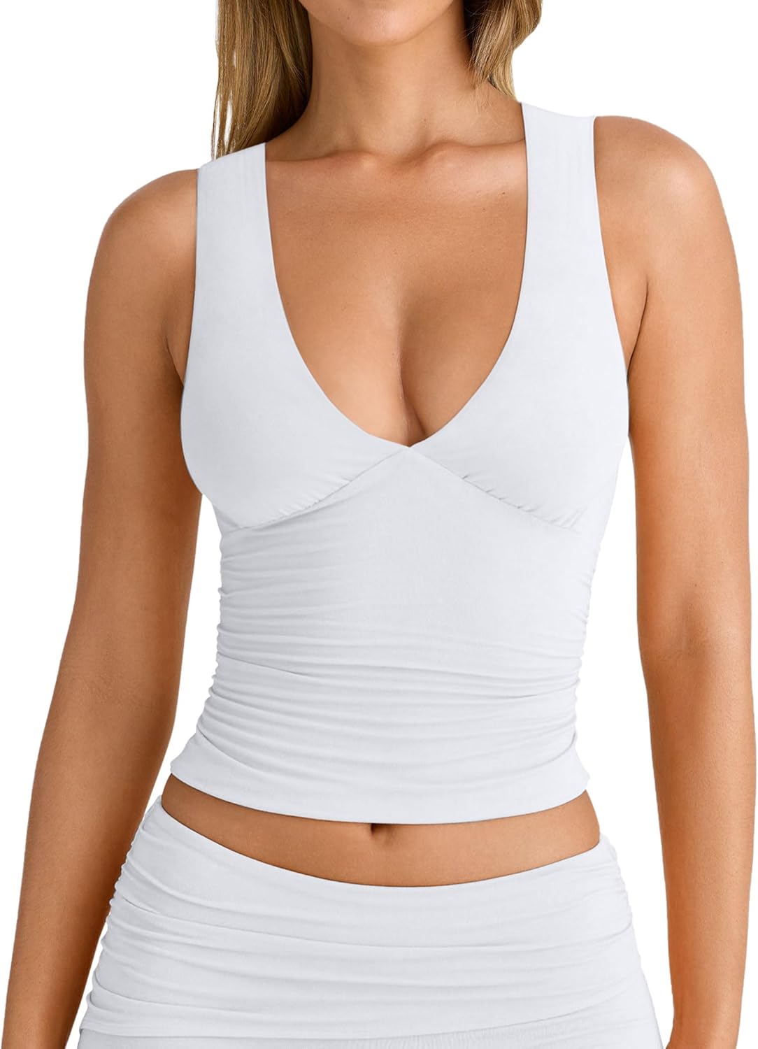 YFANG Women's Summer Deep V-Neck Ruched Crop Tank Top Sexy Sleeveless Double Lined Crop Top - Image 2