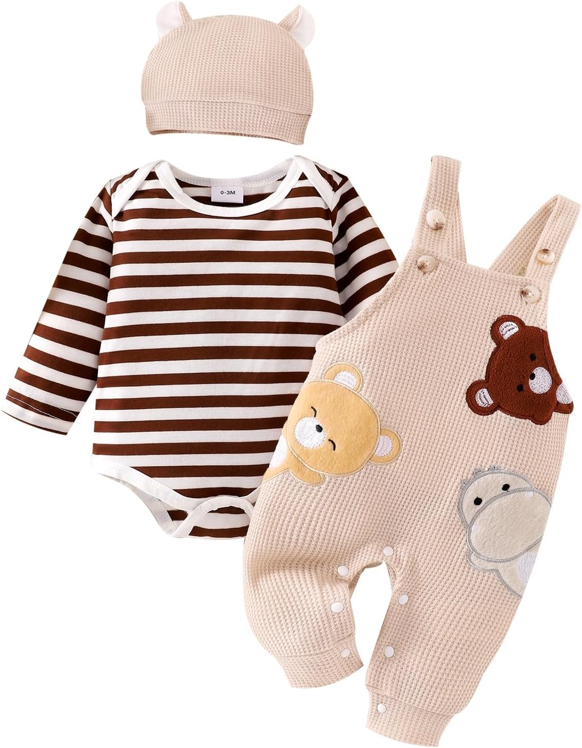 Baby Boy Clothes Newborn Striped Romper Fall Outfits + Infant Cartoon Suspender Overall + Cute Hat 3 Pcs 0-18 Months