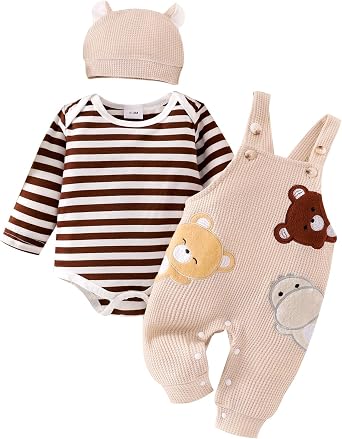 Baby Boy Clothes Newborn Striped Romper Fall Outfits + Infant Cartoon Suspender Overall + Cute Hat 3 Pcs 0-18 Months
