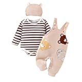 Baby Boy Clothes Newborn Striped Romper Fall Outfits + Infant Cartoon Suspender Overall + Cute Hat 3 Pcs 0-18 Months