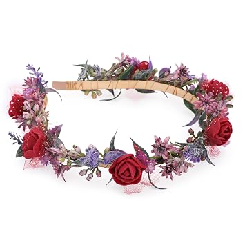 Womens Red Flower Crown Headband - Lace and Foam Hairband with Rose Floral Decoration, Suitable for Weddings, Parties, and Everyday Wear for Women