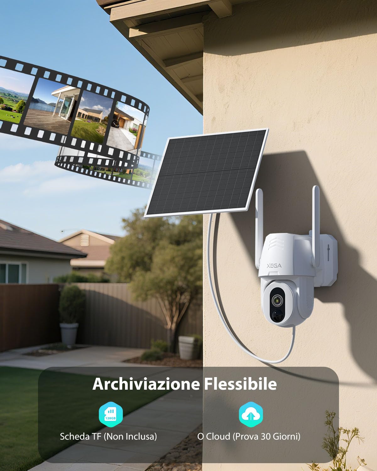 Xega Telecamera Esterno 4G LTE con Pannello Solare con SIM, Senza Wifi, 2K | Circolare 500 Lumen, Audio bidirezionale, Visione notturna colori,IP66, PTZ,Videocamera Senza Fili, Abbonamento pagante