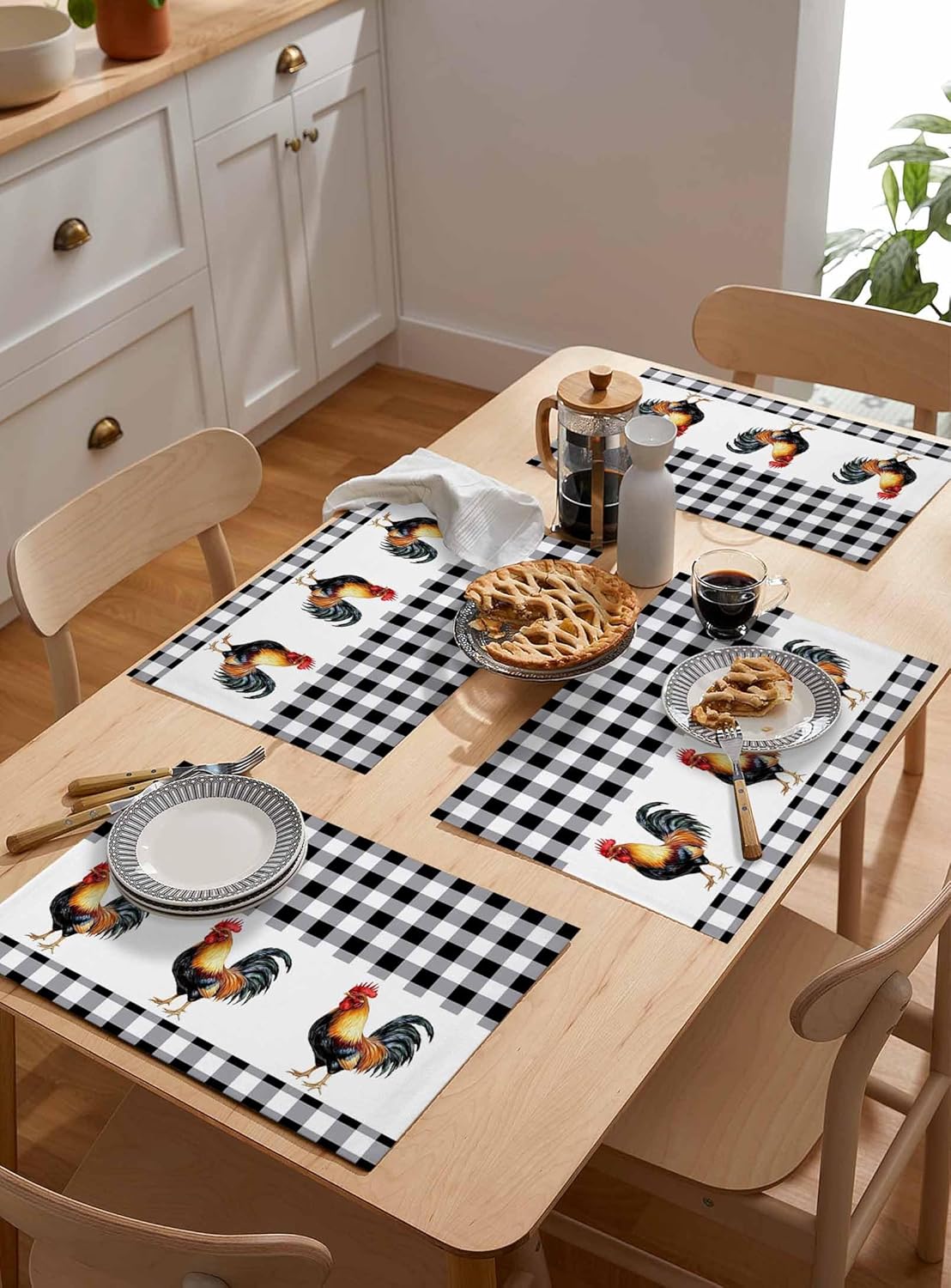 Placemats Set of 6 Non Slip Washable Table Mats Set Rooster Summer Farm Style Black White Buffalo Plaid Table Placemats for Kitchen Dining Table Wedding Holiday Party Decoration