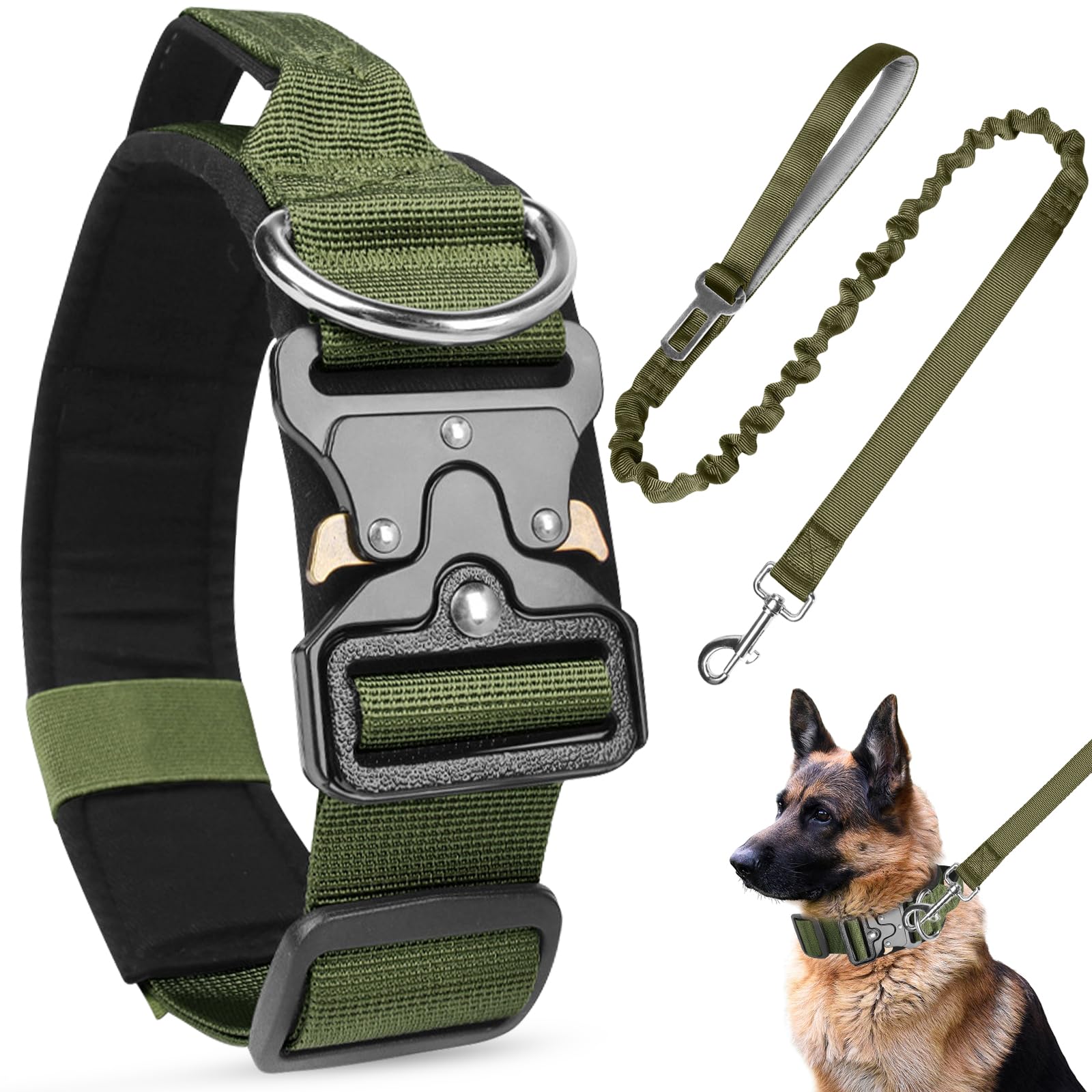 AKOFIC Tactical Dog Collar, Heavy Duty Wide Dog Collar with Handle and Soft Padded, Adjustable Comfortable Pet Collar for Small Medium and Large Dogs Training (Army Green+Leash, XL)