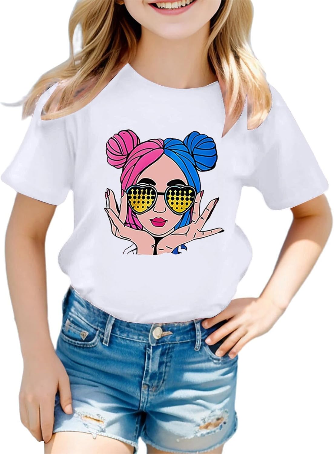 Tee Shirt Enfant Fille Manche Courte Col Rond Fashion Haut Blouse Ado Fille été Ample Fluide Legere Confortable Mignon Casual Sport Vacances Chemisier 3-14 Ans (White, 3-4