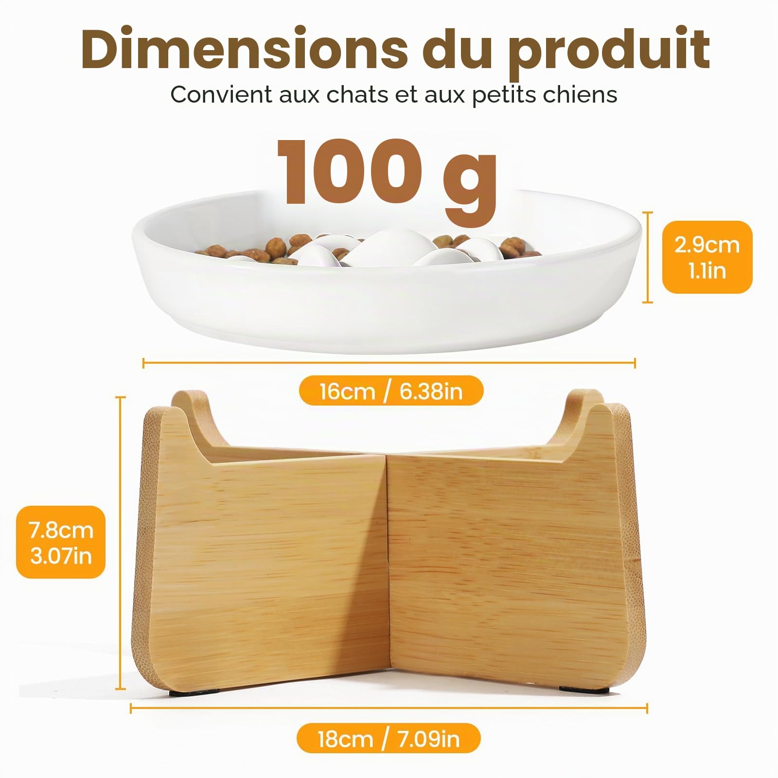 PETTOM Gamelle Anti Glouton Chat Céramique Surélevée avec Bambou Support, Anti Vomissements Gamelle pour Chat Manger Lentement pour Aliment Sec Humide (Blanc, Baleine)