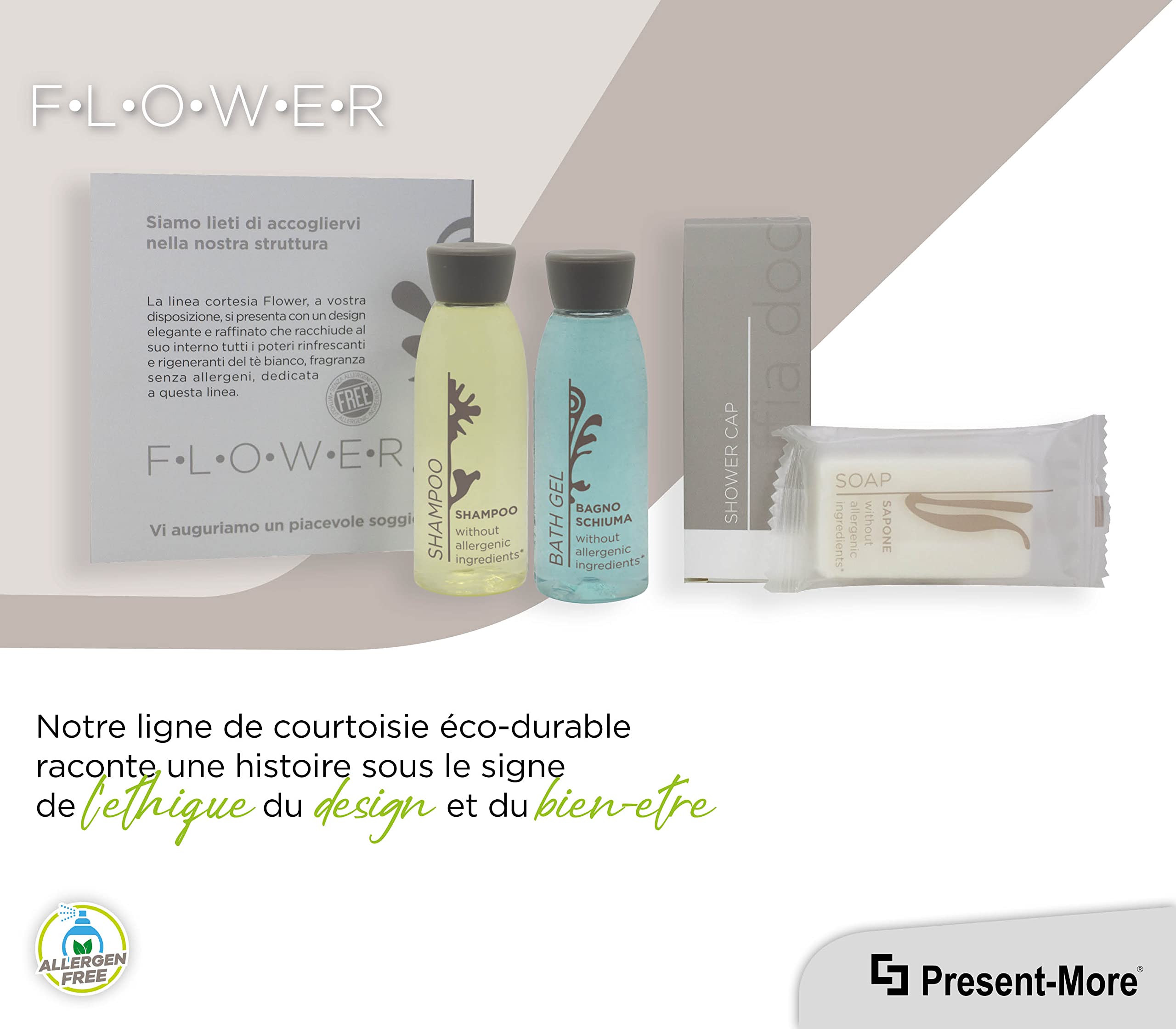 PRESENT-MORE - Kit Accueil 20 Invités Flower - Parfum Thé Vert - Contenu: Shampooing, Gel Douche, Savon et Bonnet de Douche - Pour Hôtels et B&B