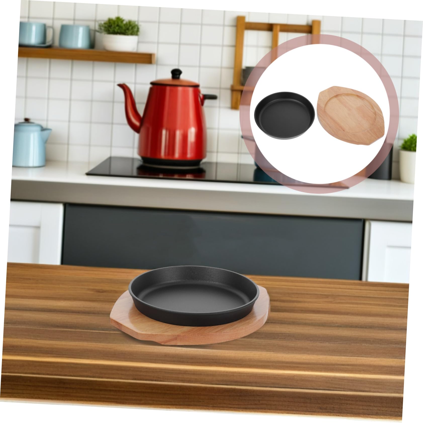 Zerodeko Bistecchiera in Ghisa Rotonda, Piastra Spessa Nera Base in Legno | Cottura Indoor e Ristorante, Design Circolare Salvaspazio, per Carne e Verdure