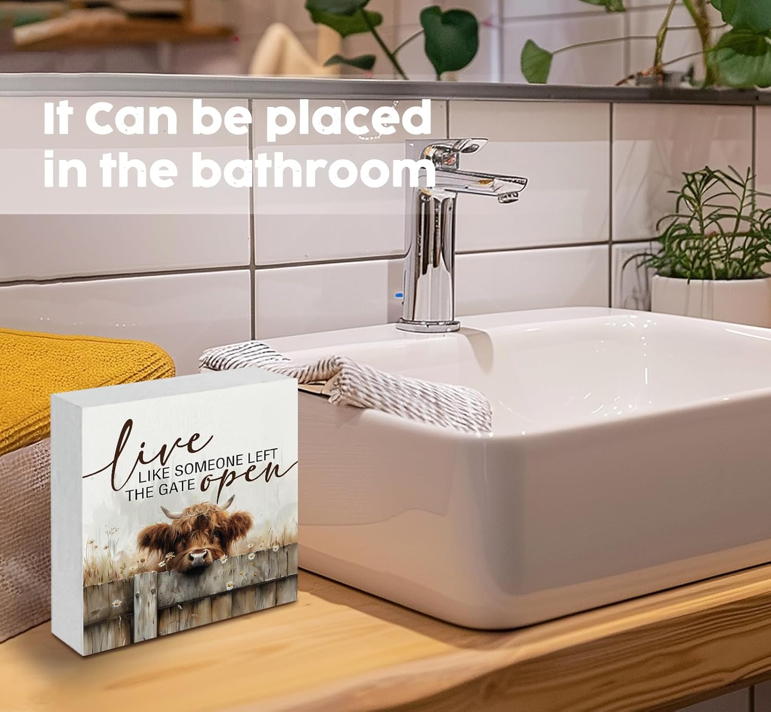 Highland Cow Farmhouse Wooden Box Sign - Farmhouse Western Animal Office Kitchen Bathroom Decor,Farm Live Like Someone Left The Gate Open,Highland Cow Gifts For Women - Image 6