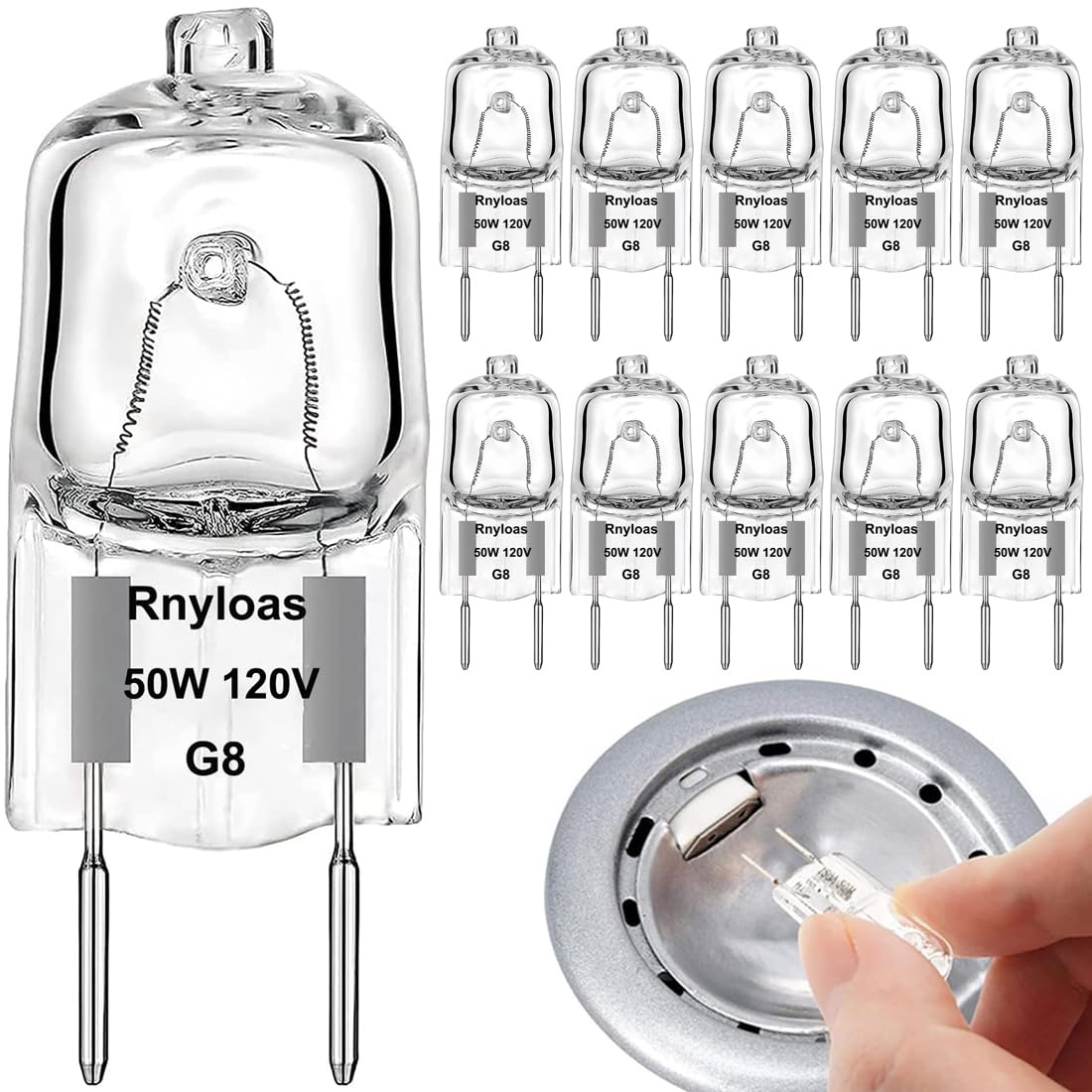 Rnyloas G8 Bulb 50W, 10 Pack Halogen Light Bulbs 2 Pin G8 120V 50W, G8 Dimmable High Output 550LM Xenon G8 Bulbs, G8 Warm White 2800K with G8 Bi-pin Base for Under Cabinet Puck Lighting Replacements