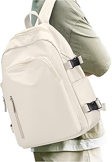 UPPACKCollege Backpack for Women Man Casual Daypack Backpacks Lightweight Travel Cute Preppy Backpack Aesthetic Simple Beige Backpack Waterproof Carry On backpack for Airplanes College Essentials