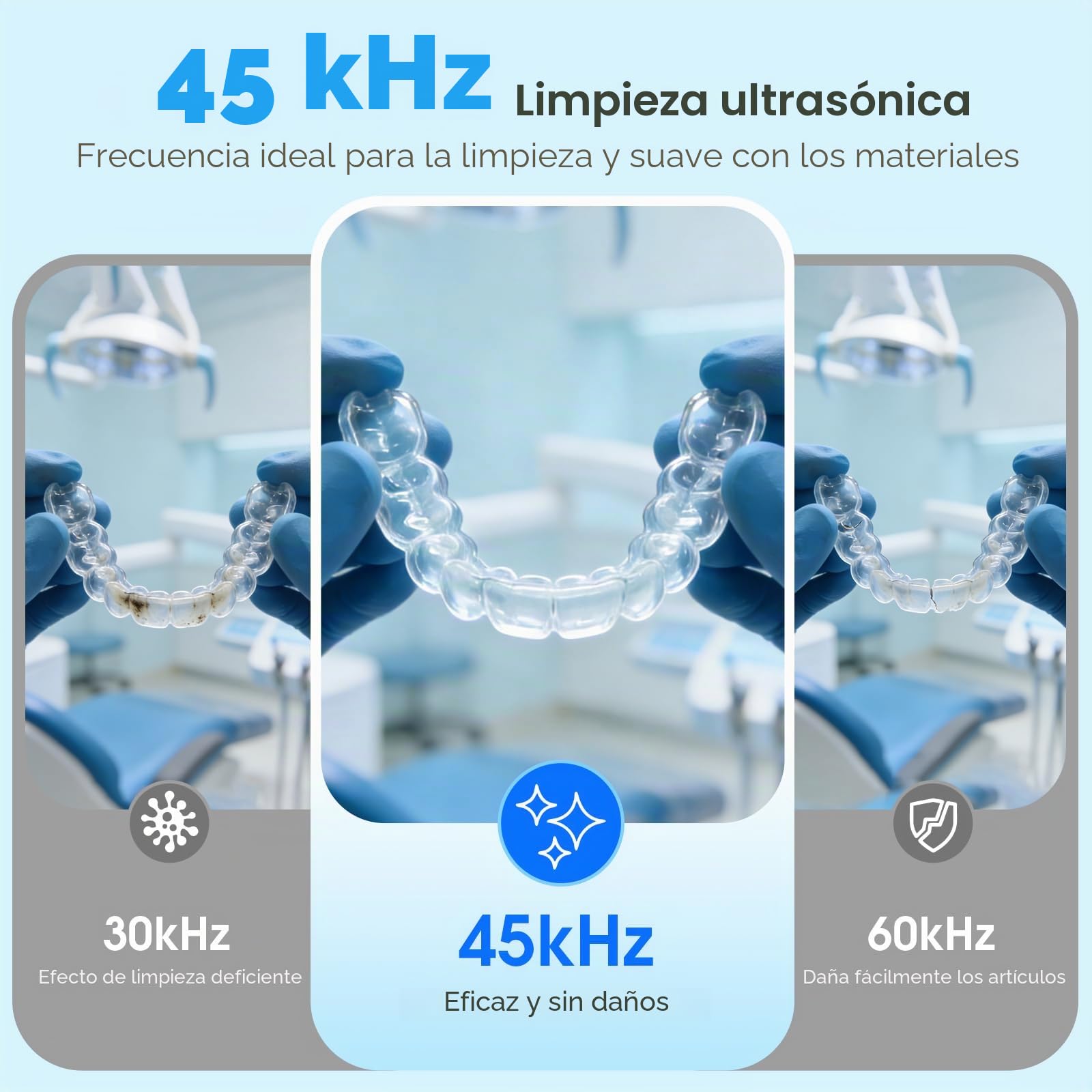 Limpiador de retenedores ultrasónico, 45 kHz, limpiador dental con cápsula y lámpara UV y 4 modos de limpieza, limpiador ultrasónico para joyas, alineador, protector nocturno, protector bucal
