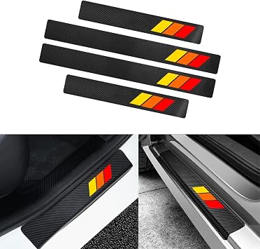 4Pcs Car Door Front/Rear Sill Plate Protectors Fit for Tacoma 4Runner Sequoia Tundra Rav4 Highlander Tri-Color Carbon Fiber Leather Sticker Protector DecorationYellow Orange Red 3 Color
