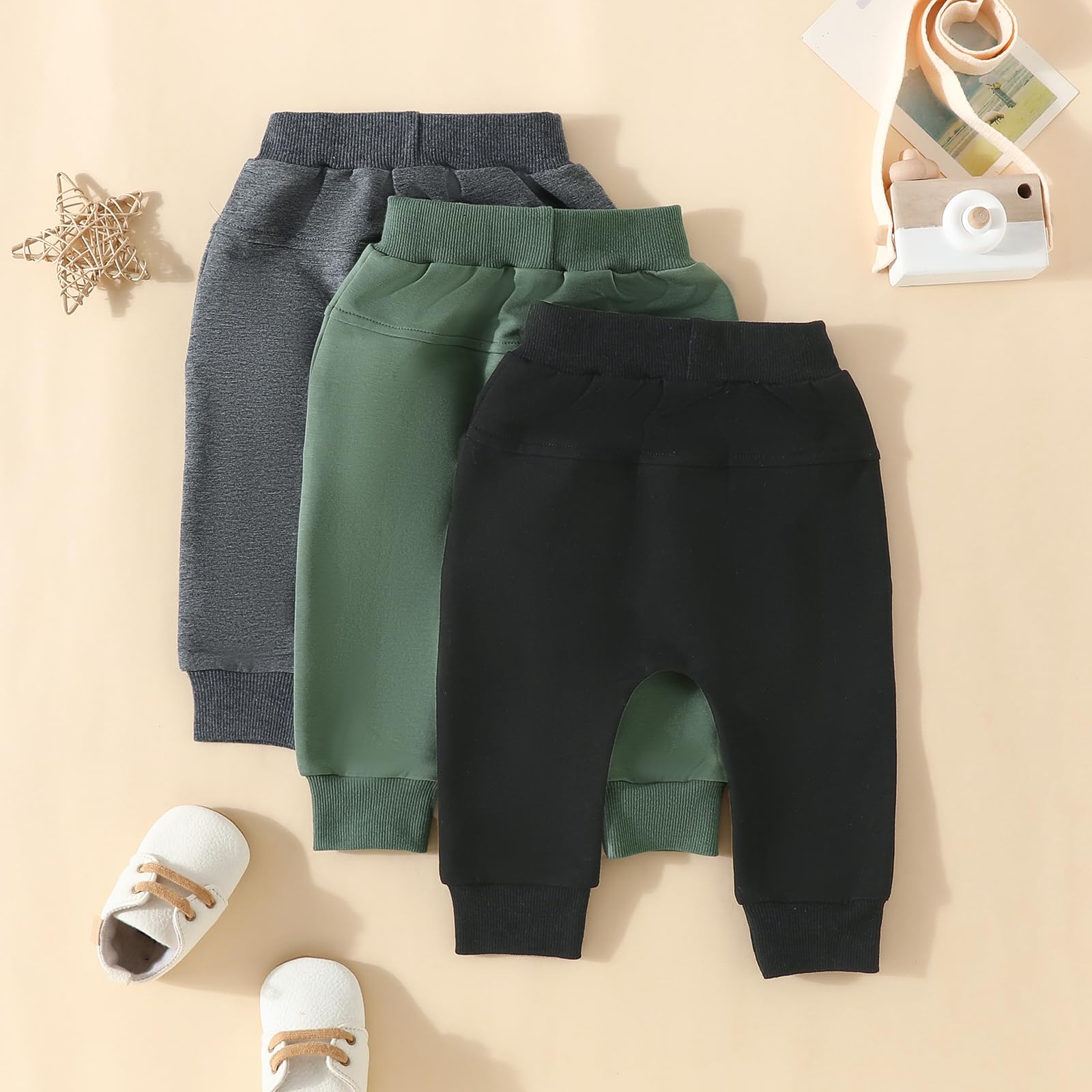 Pantaloni autunnali per neonati e bambini, confezione da 3, pantaloni sportivi attivi, casual, con tasca, tinta unita, vita elasticizzata, pantaloni harem