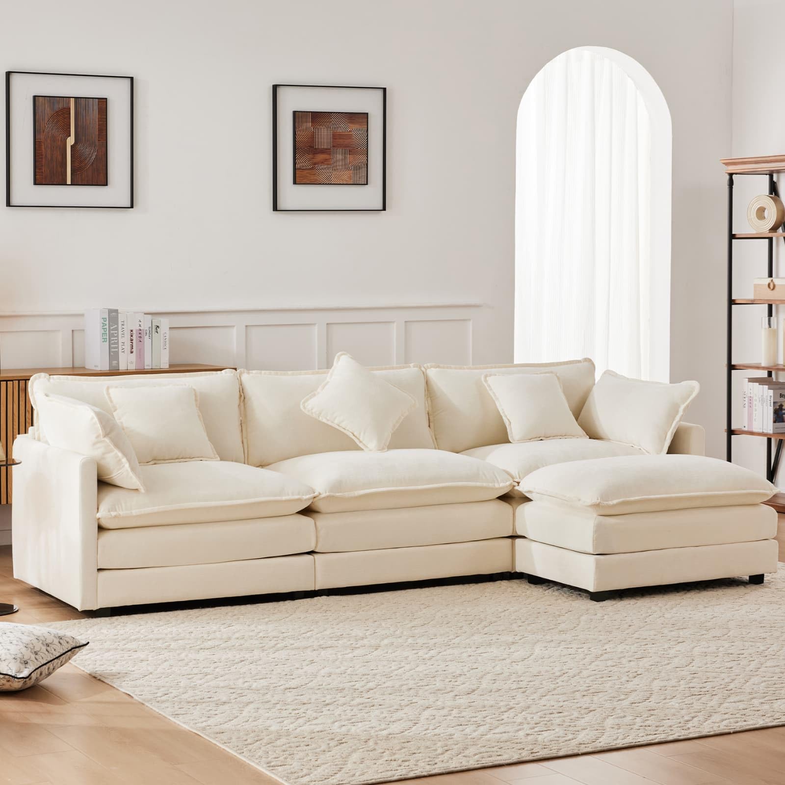 KOMHTOM Canape d Angle Gris/Beige avec Coussins, canape 3 Places avec Pouf Canapé Moderne pour Salon Grand canapé (Beige)