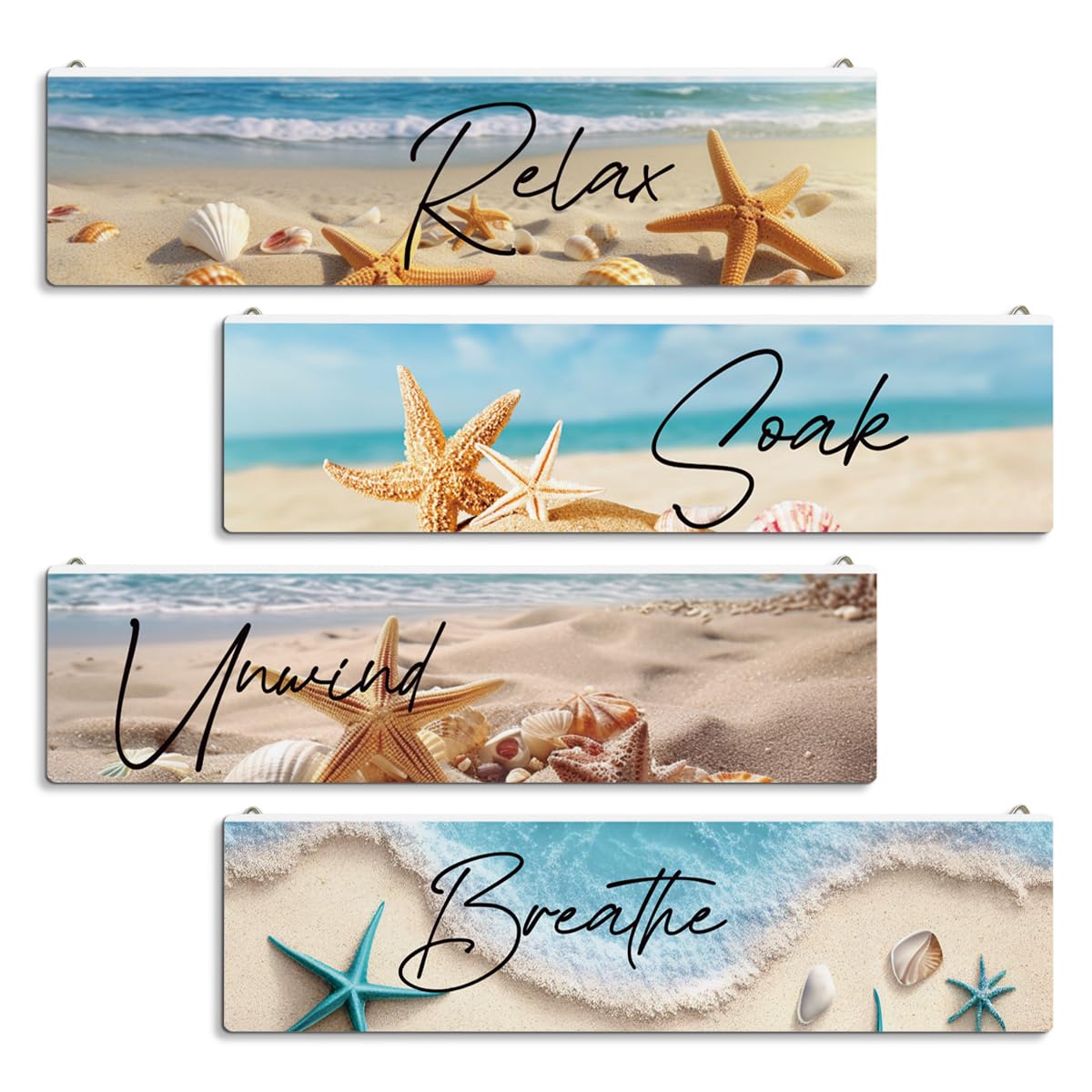 Beach Decor, 4 Piece Hanging Wall Plaques - Rustic Wood Signs, Home & Bathroom Wall Decor, Seashell Starfish Theme-image-8