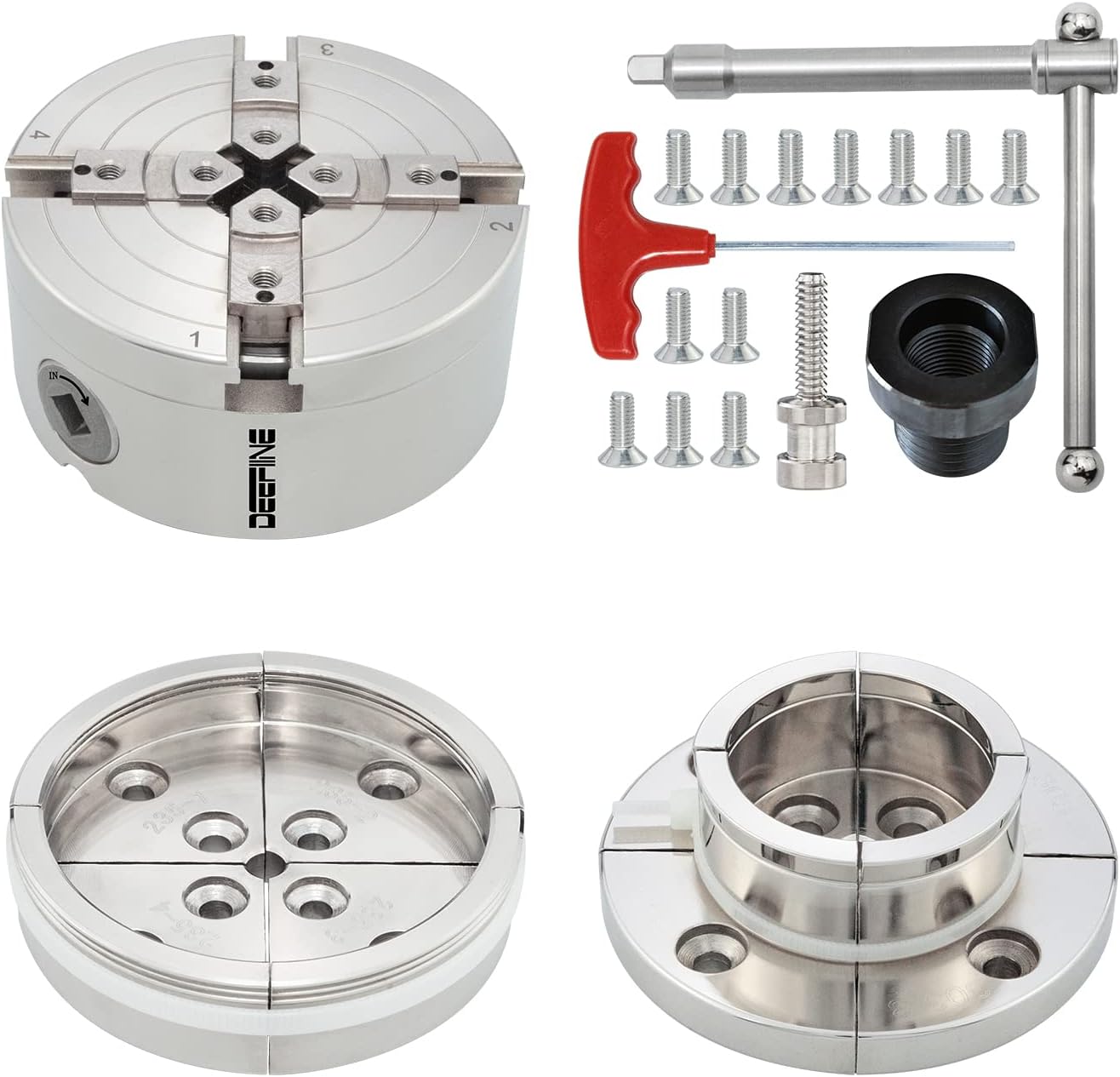 4 Inch Wood Lathe Chuck Set 1" x 8 tpi Thread & 3/4" x16TPI Adapter, Nickel Plated Self Centering 4 Jaw Wood Turning Chuck Set (2PCS Jaws)