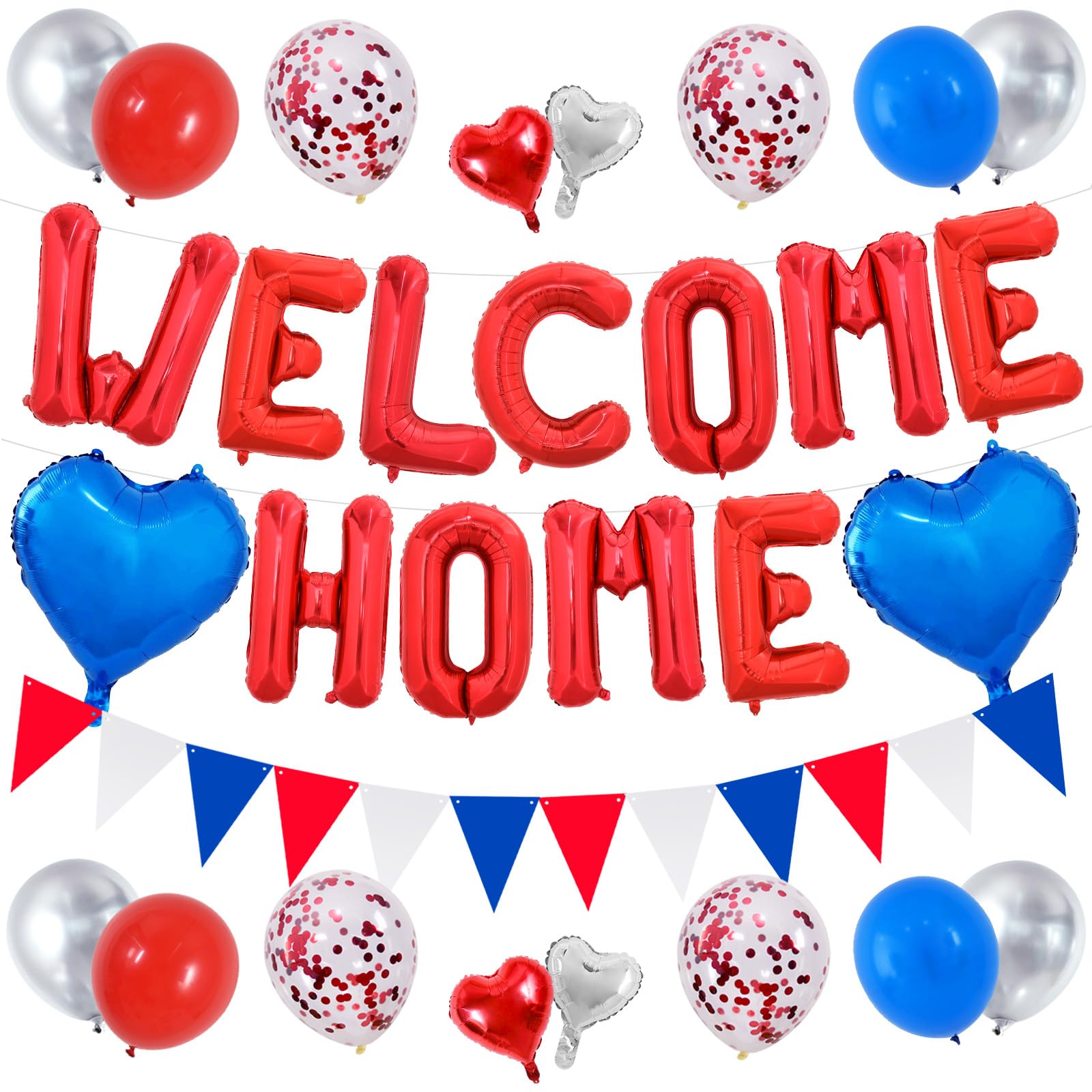 DecoGlee Welcome Home Decorations,16 Inch Red Welcome Home Foil Balloon Banner Red Blue White Confetti Balloons Pennant Flag Bunting for Homecoming Party House Warming Party Family Gathering Supplies â image 1
