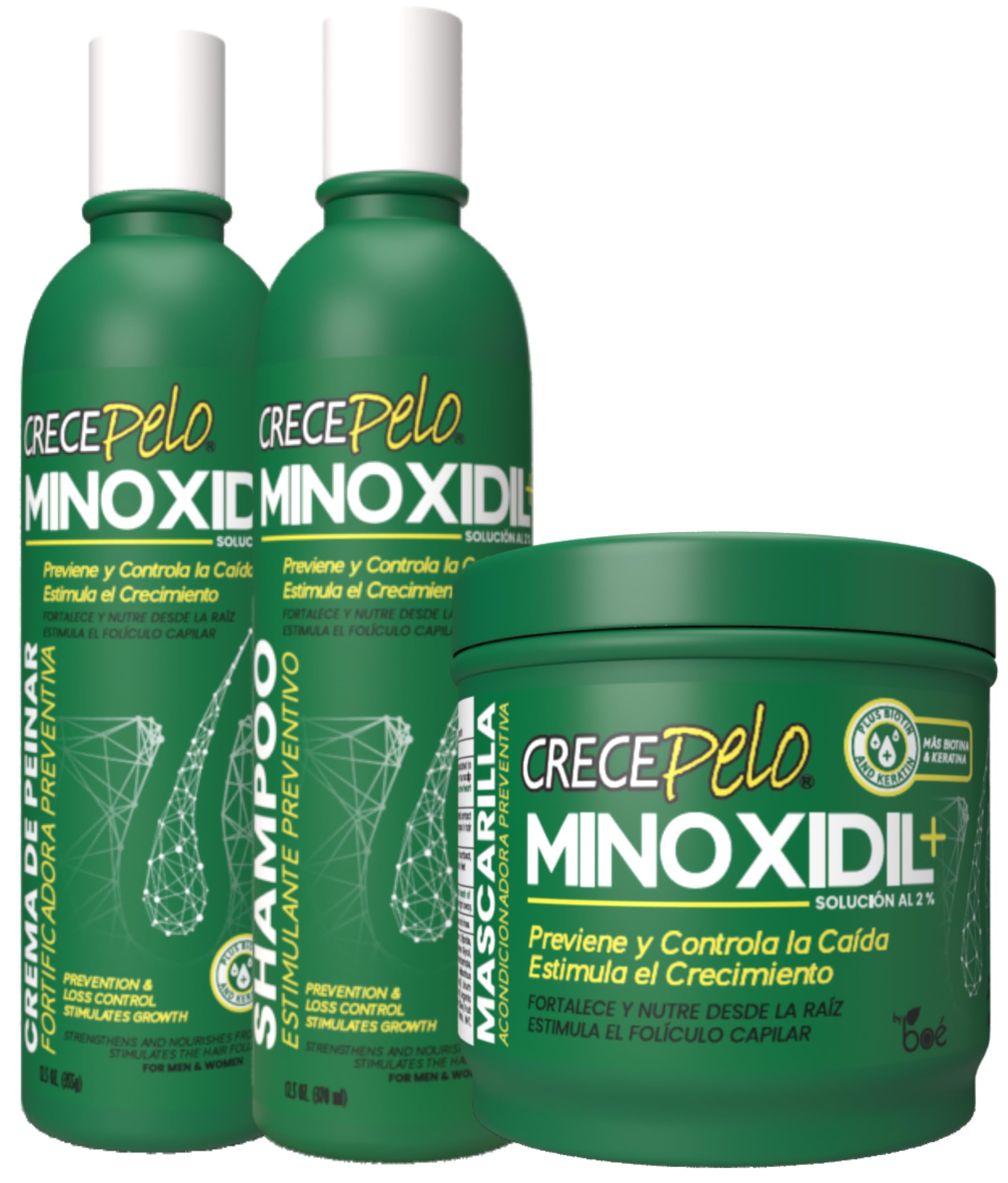 Crece Pelo Minoxidil 2% Hair Regrowth Set – Complete 3-Step System: Shampoo 12.5 oz, Mask 16 oz, Leave-In Cream 12.5 oz – Anti Hair Loss Treatment with Biotin & Keratin – Strengthen & Thicken Hair