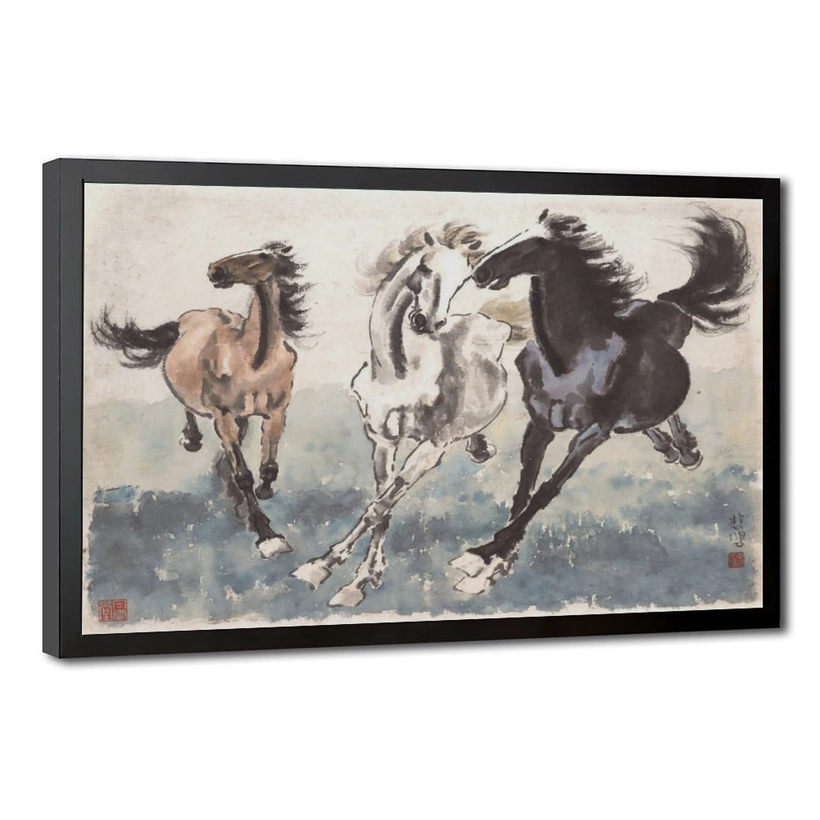 WCYB Three Galloping Horses by Xu Beihong Posters Prints Canvas Deco Paintings Wall Art Hangable Frame 16" L X 24" W